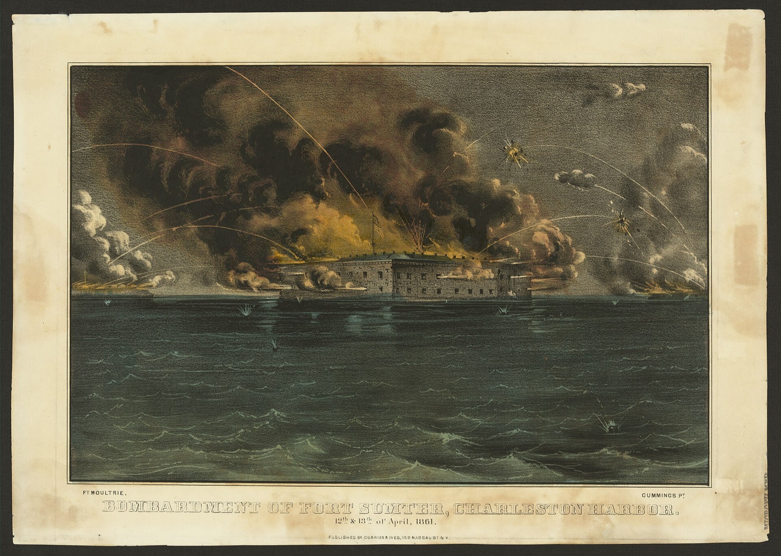 1861年4月12日から13日にかけて、チャールストン港でサムター要塞を砲撃する南部連合の様子を描いた同時代の版画。