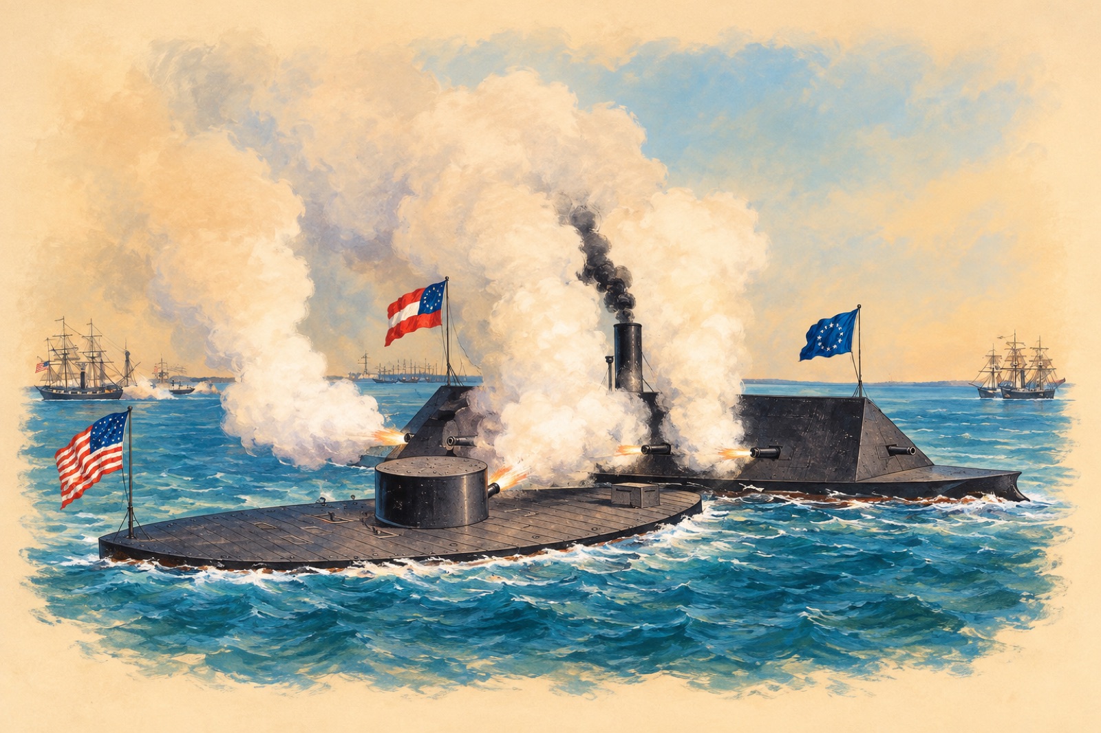 1862年3月、ハンプトン・ローズで戦うモニター号とメリマック号を描いた、カラーのカリアー＆アイヴスのリトグラフをもとにしたイラスト（illustration）