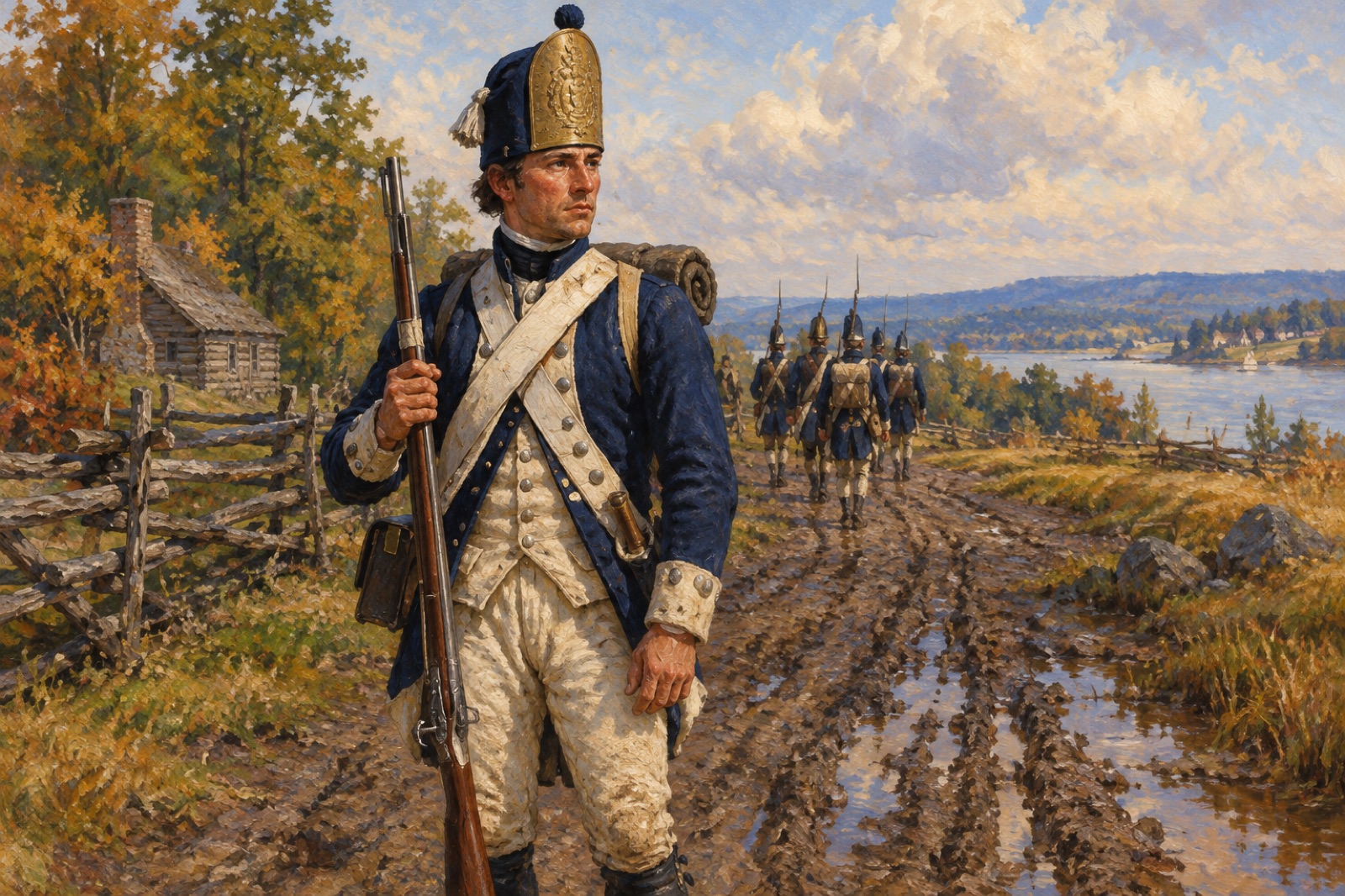 Illustration d'un soldat auxiliaire allemand des années 1770, en habit sombre et haut bonnet, avec un mousquet.