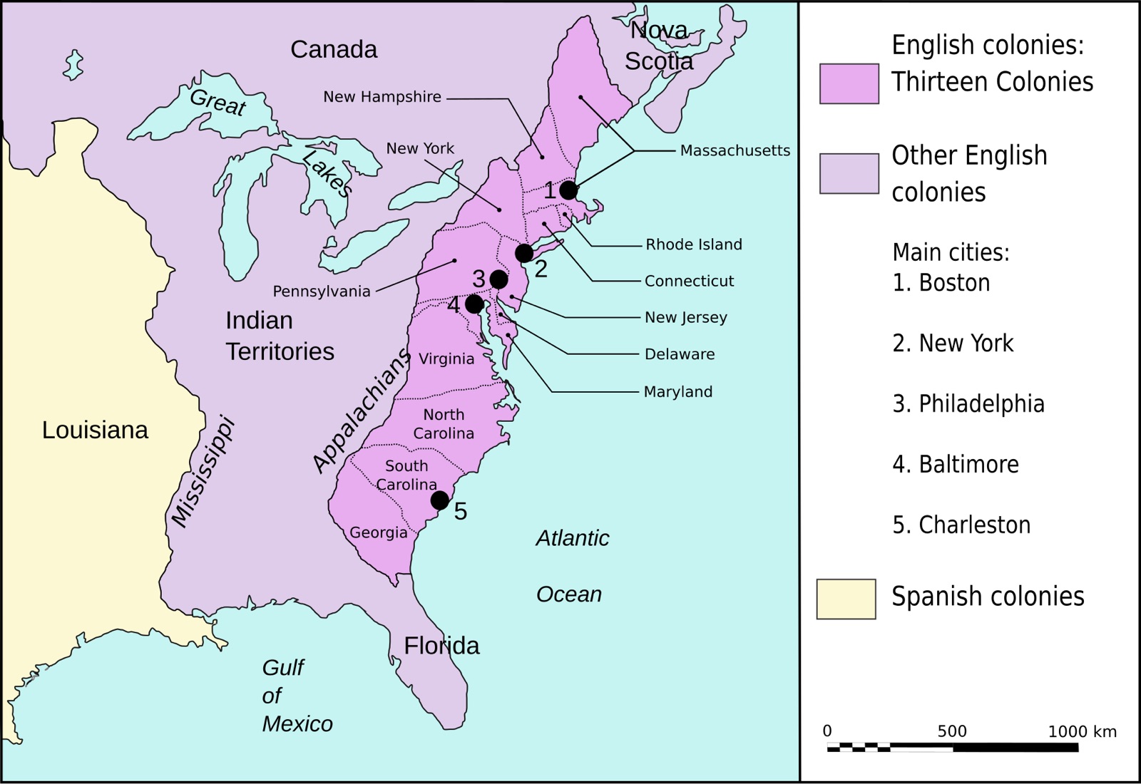 Map of the Thirteen British colonies on the North American Atlantic coast around 1775, with their borders.