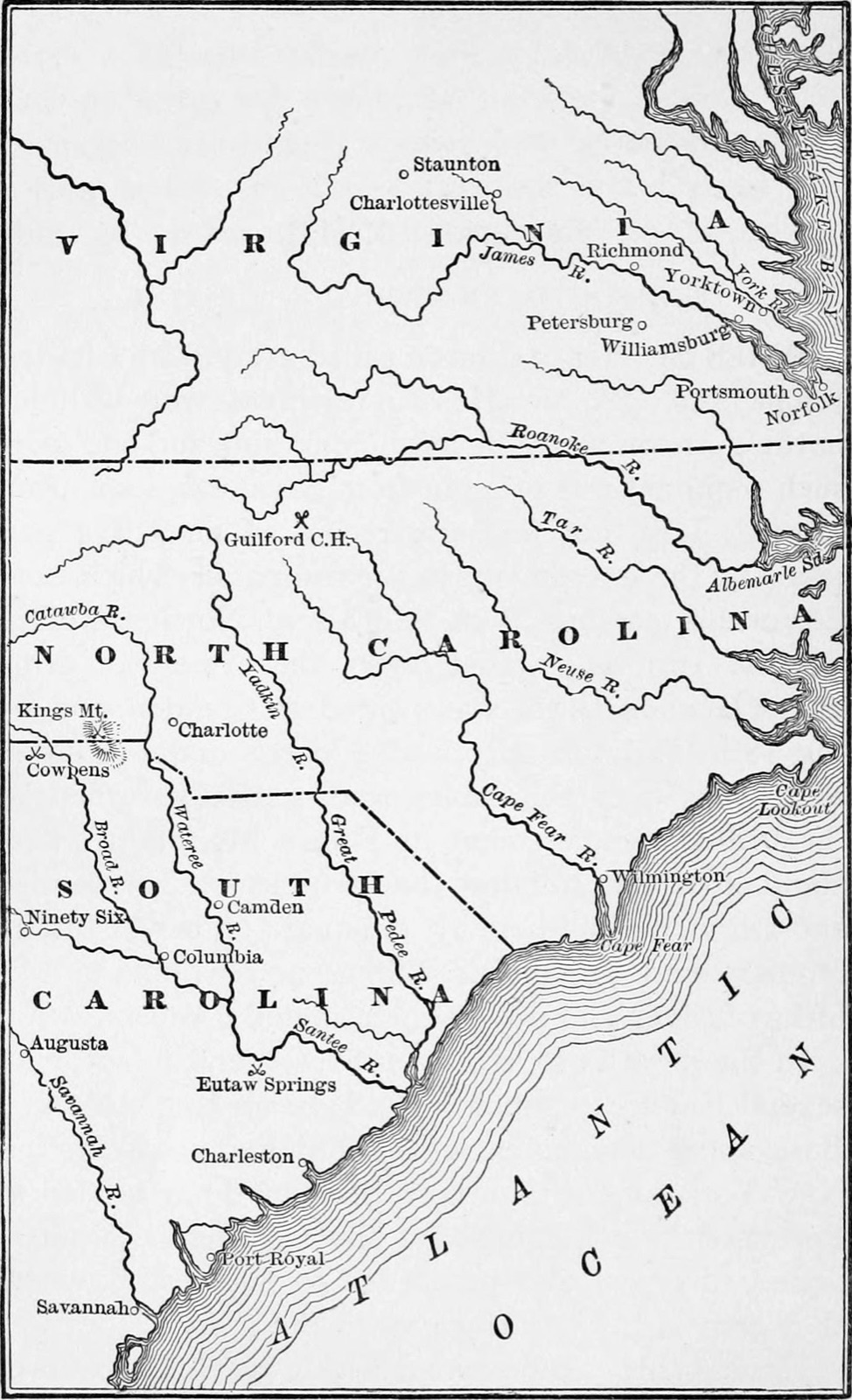 Nineteenth-century map of the Carolinas and Virginia with battle sites marked by crossed swords, showing Cornwallis's southern campaigns.