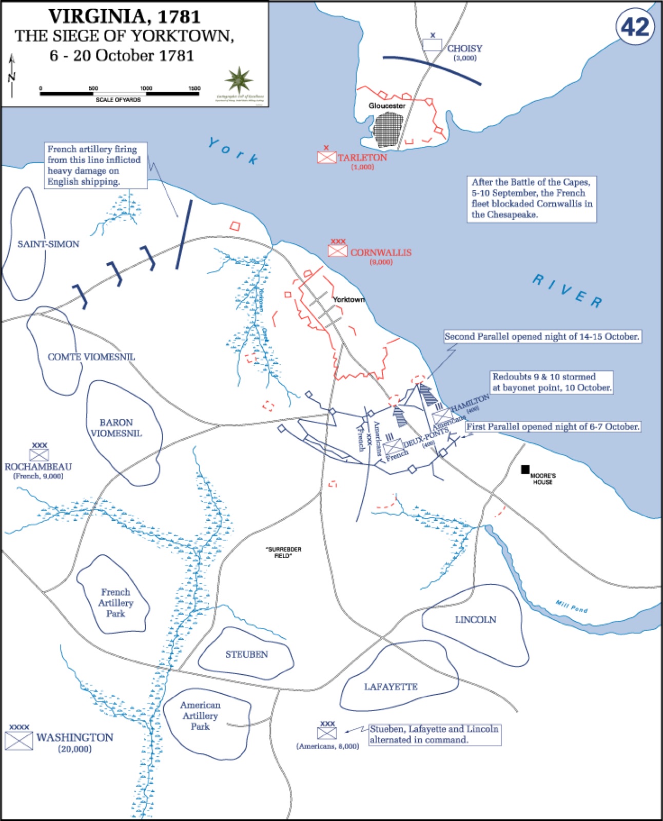Map of the Siege of Yorktown, 6–20 October 1781, showing the allied American and French positions around the British lines.