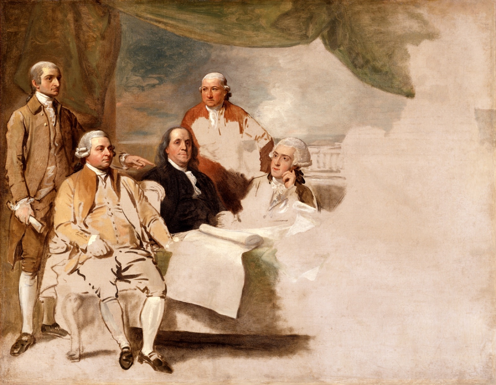 Tableau inachevé de Benjamin West représentant la délégation américaine au traité de Paris.