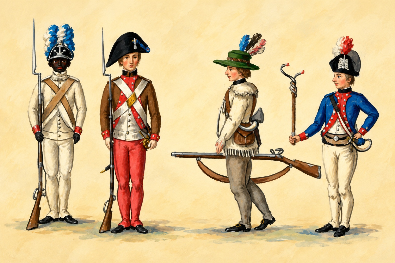 Aquarelle de soldats au siège de Yorktown en 1781, dessinée par un officier français présent sur place. (illustration)