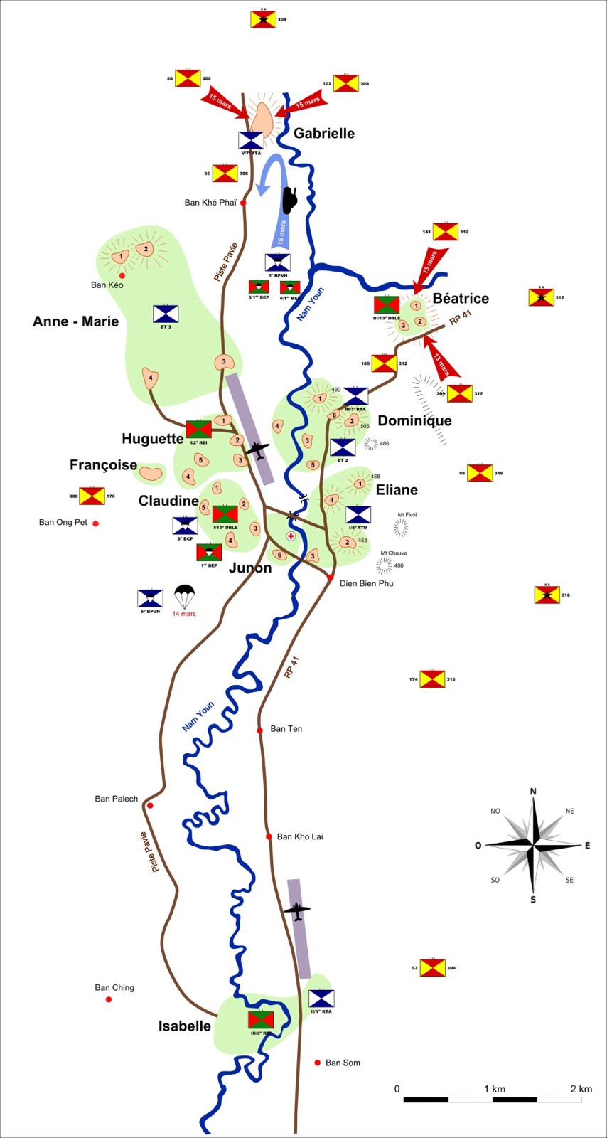 1954年3月13日から15日の、ディエン・ビエン・フーでの戦いの開始を示すフランス語の戦況地図。フランス軍の拠点と、ベトミンの最初の攻撃が示されている(現代の地図)