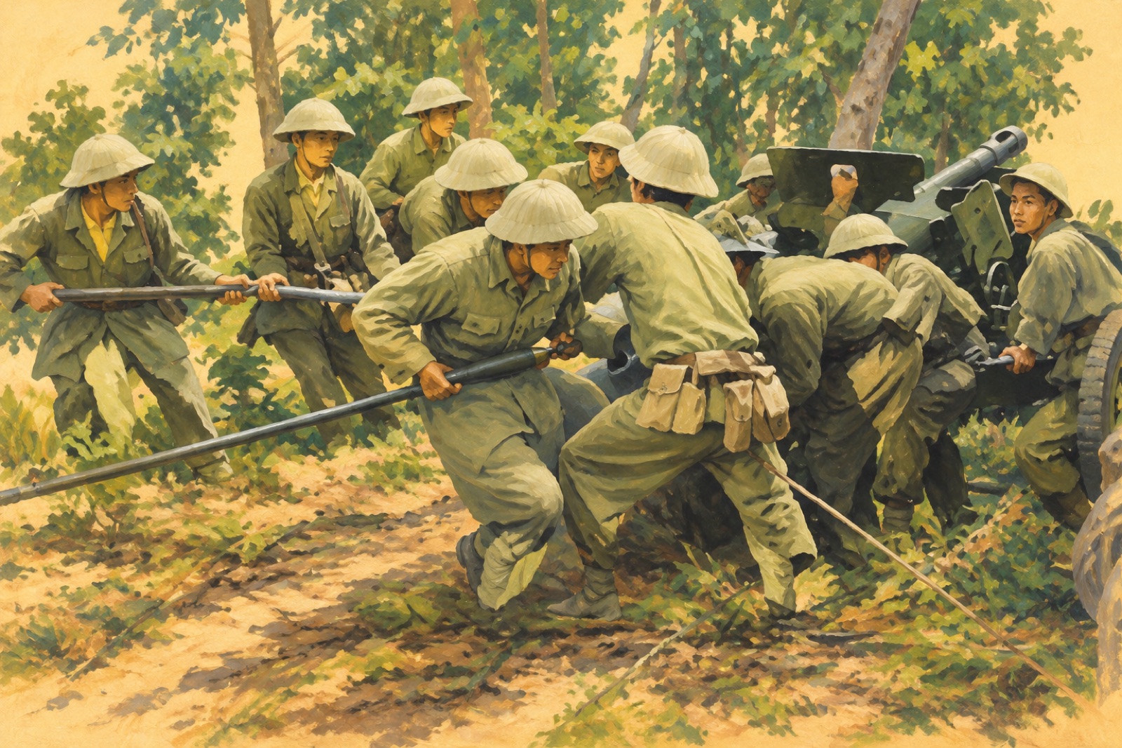 1954年のディエン・ビエン・フーの戦闘中、陣地についたベトミンの砲兵（イラスト）