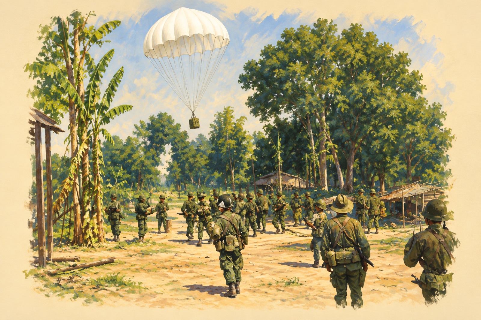 1954年初め、野外にいるベトナム人空挺兵と、補給物資を投下するフランス空軍のC-119輸送機（イラスト）