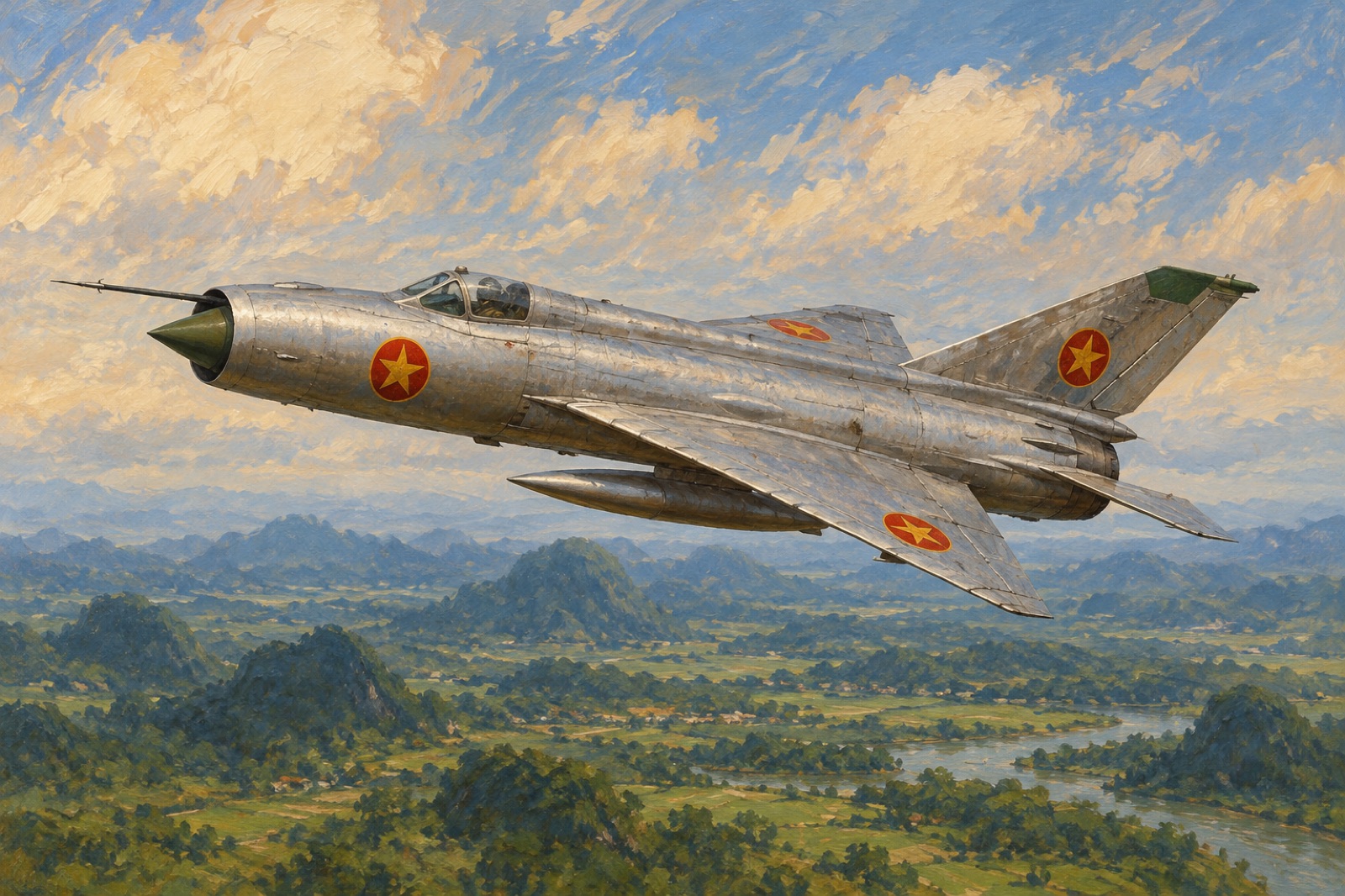 Illustration of a North Vietnamese MiG-21 fighter in flight during the late 1960s.