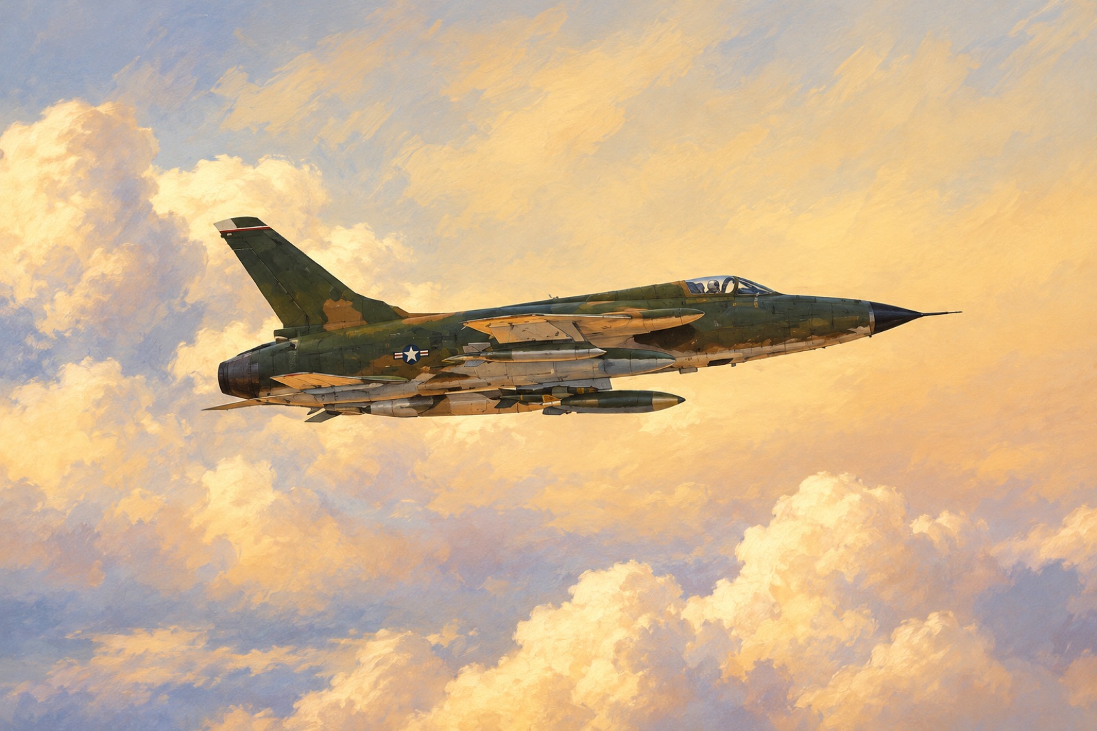 An F-105 Thunderchief flying over Southeast Asia in July 1966. (illustration)