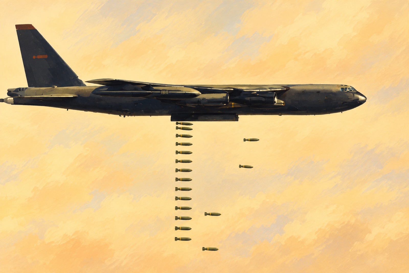 A B-52D Stratofortress releasing bombs over Vietnam. (illustration)