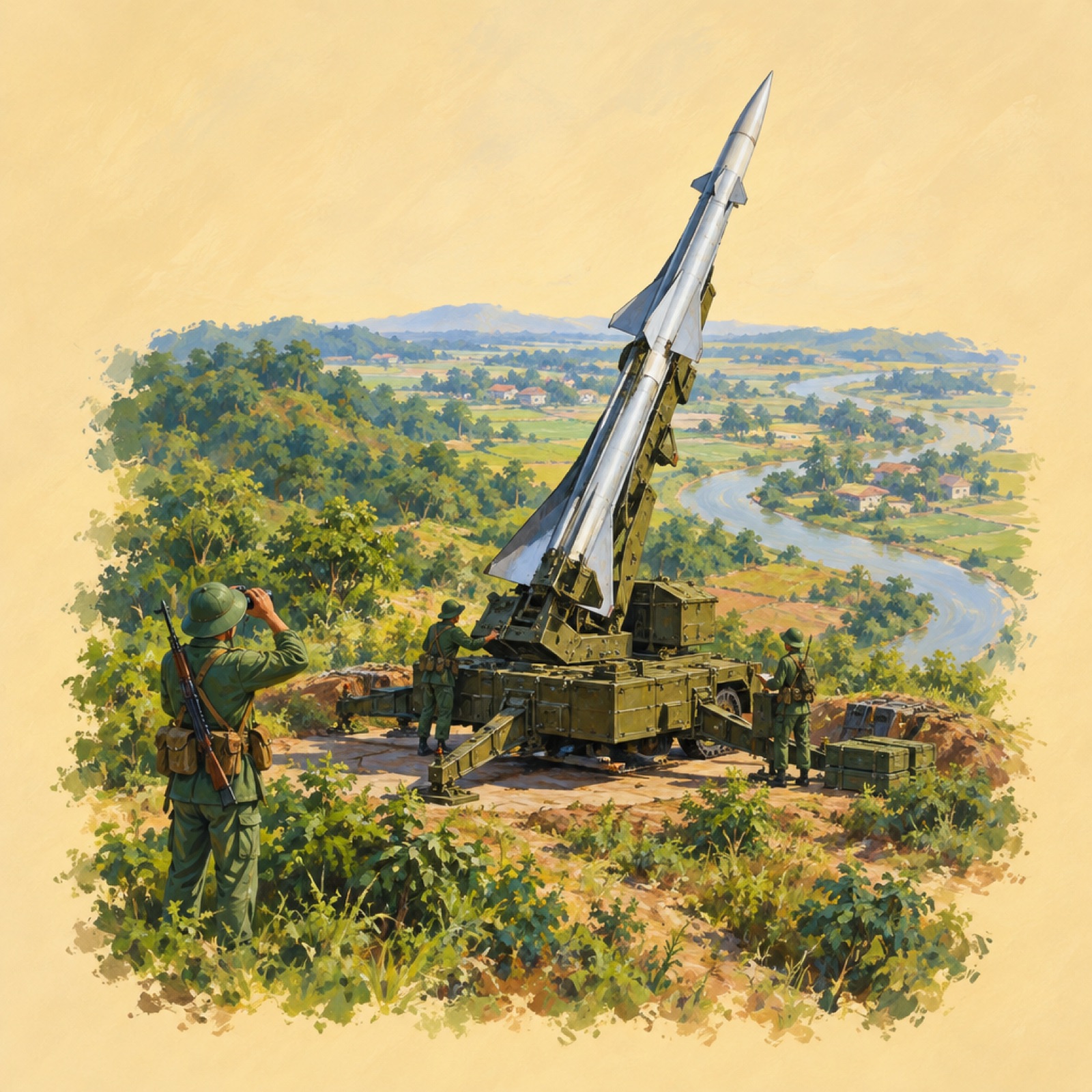An S-75 missile approaching a U.S. RF-4C near Hanoi in 1967. (illustration)