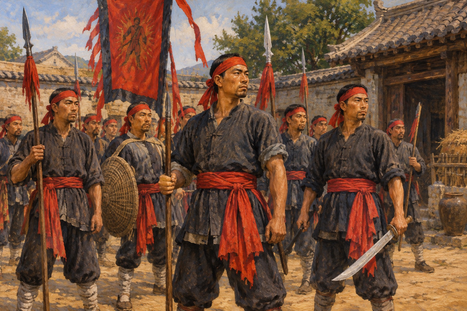 赤い帯を締め、槍と旗を持つ義和団の戦士のイラスト