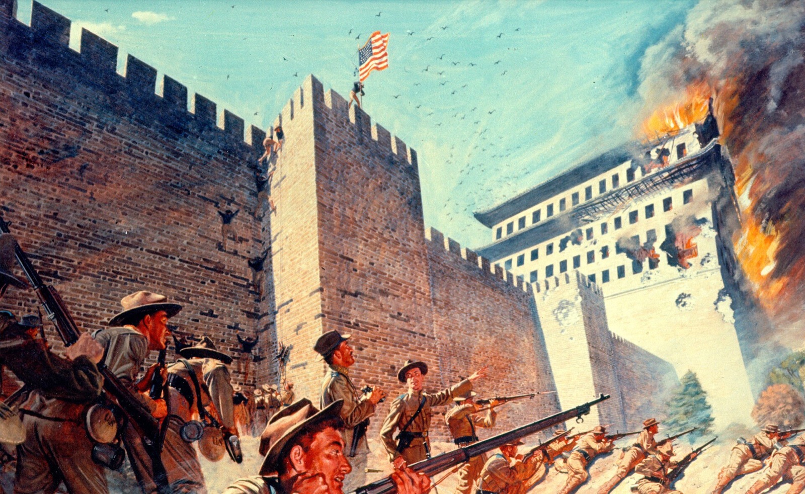 北京の城壁で、火力に釘付けにされる第14歩兵連隊のアメリカ兵を描いた絵画