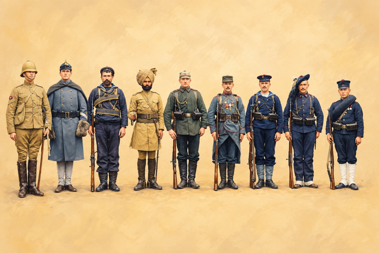 1900年、連合軍各国の軍服を着た兵士が一列に並ぶ様子（イラスト）