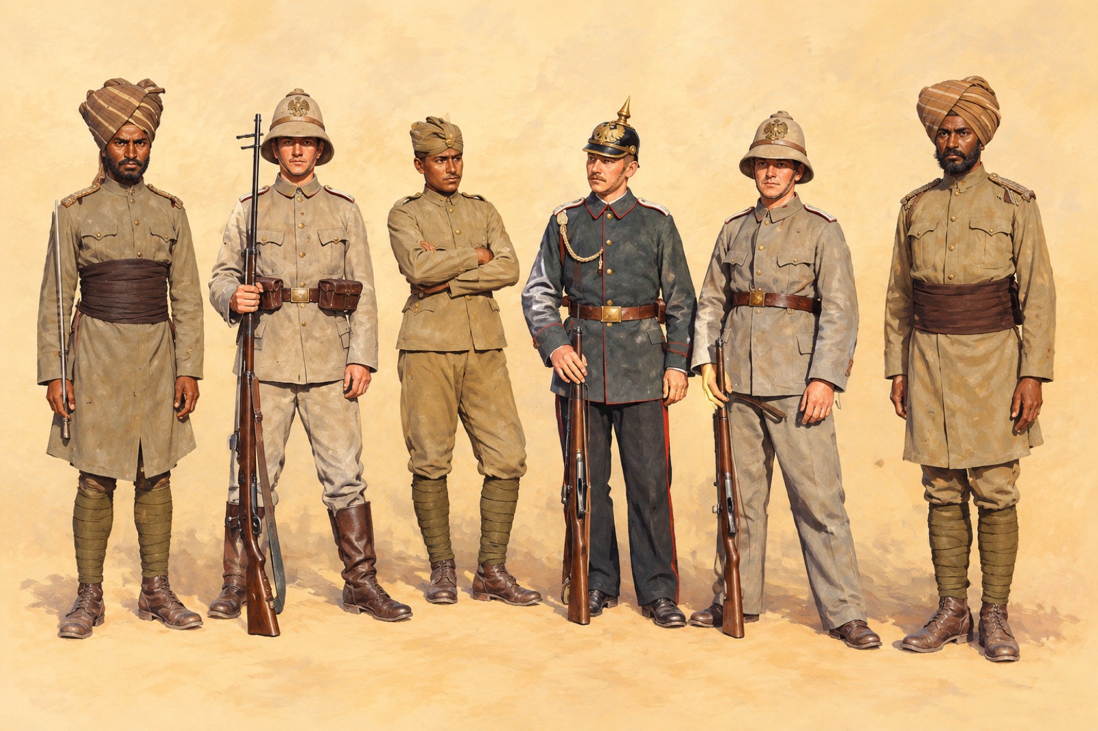 1900年、義和団事件の作戦中に中国で並ぶドイツ兵とインド兵（イラスト）