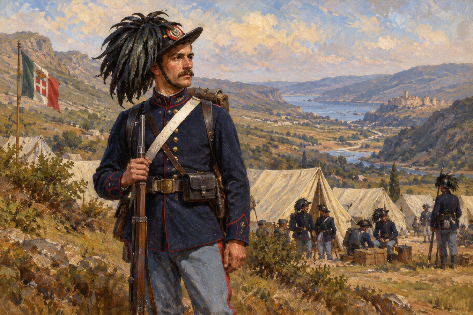 Illustration of a Piedmontese bersaglieri soldier in the Crimea, 1855.