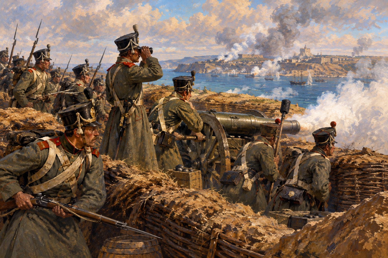 Illustration of Russian infantry defending an earthwork at Sevastopol.