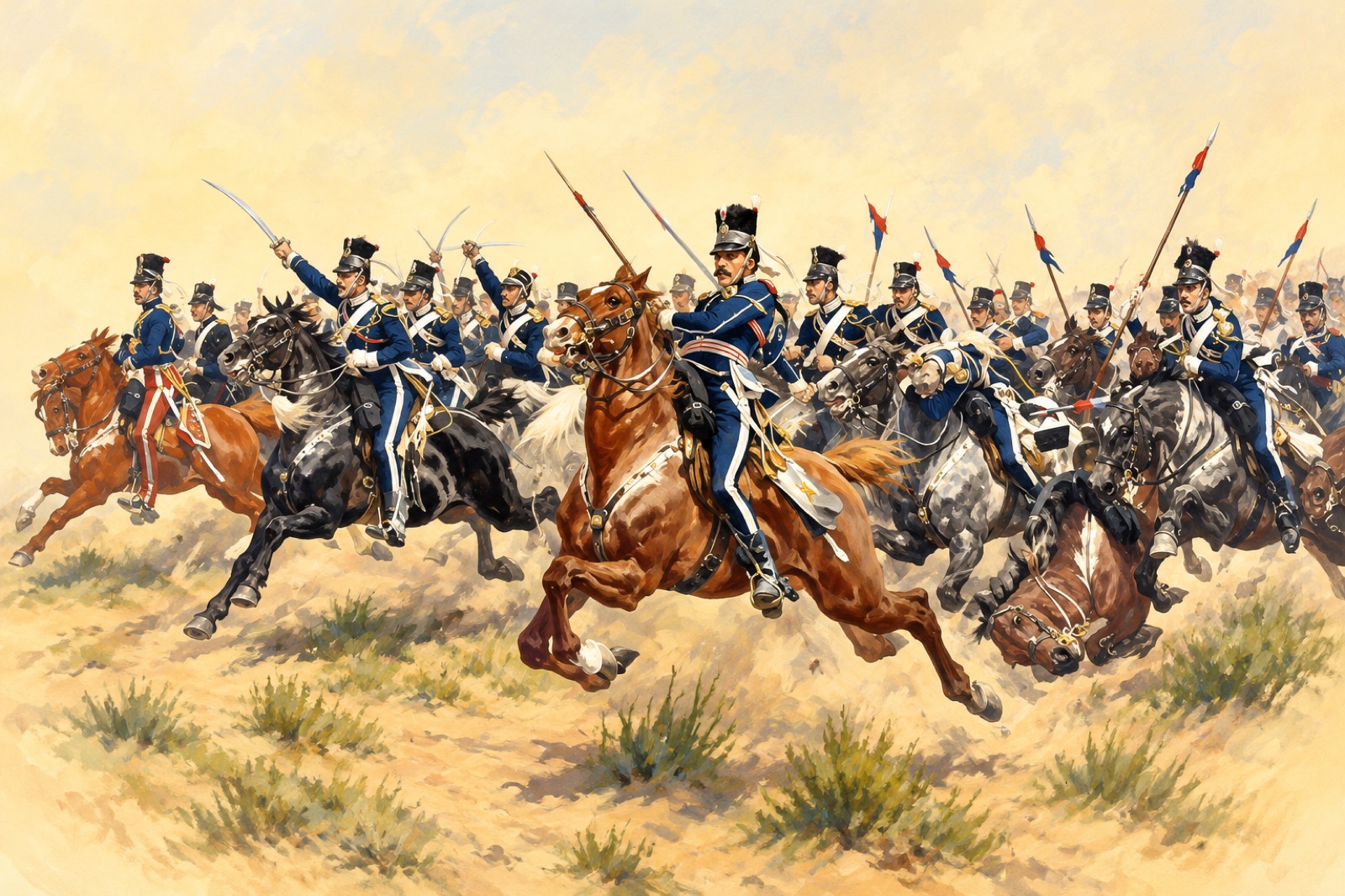 Painting of British light cavalry charging towards Russian guns at Balaclava, 1854. (illustration)