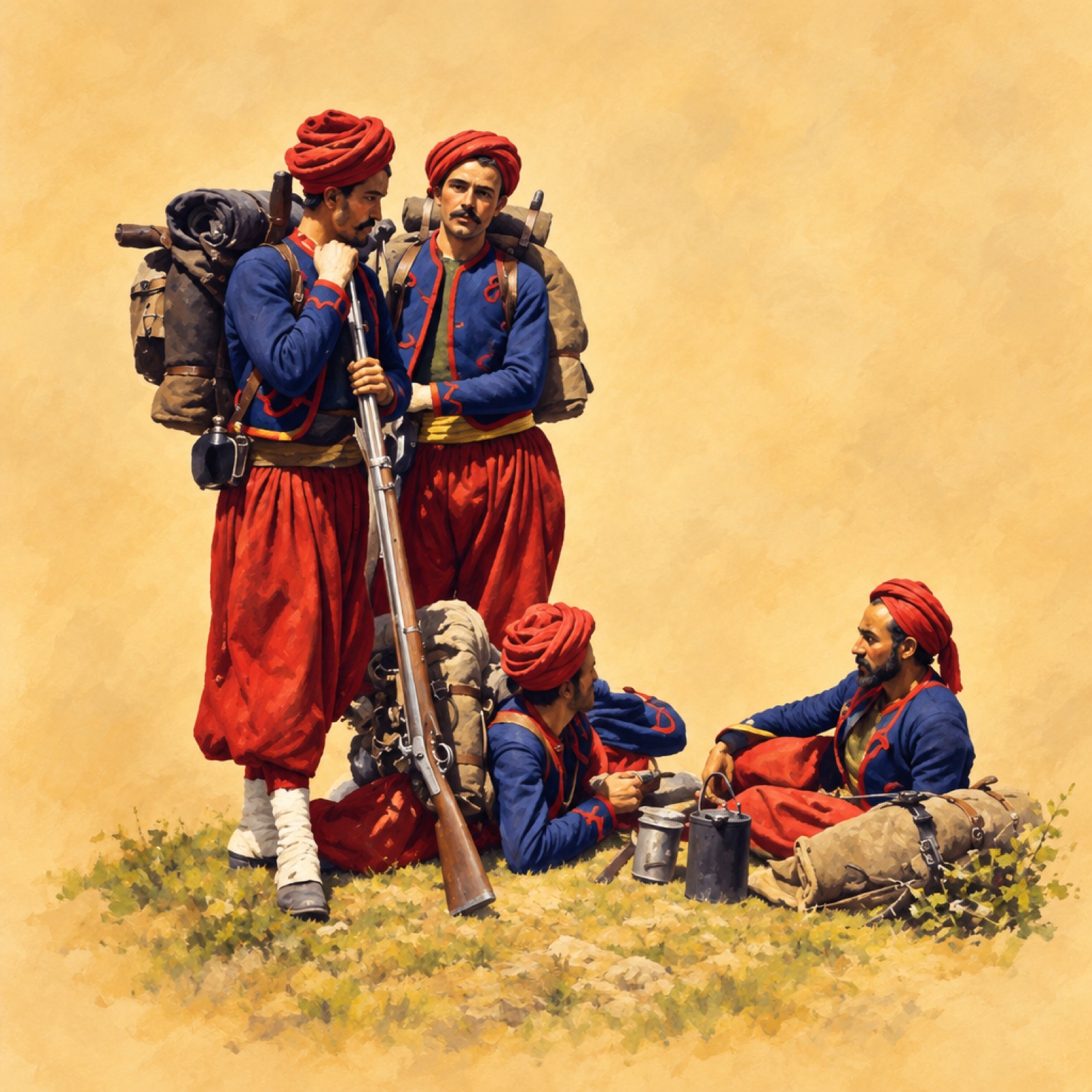 Four French Zouave soldiers in Crimean War uniform posing for a photograph. (illustration)