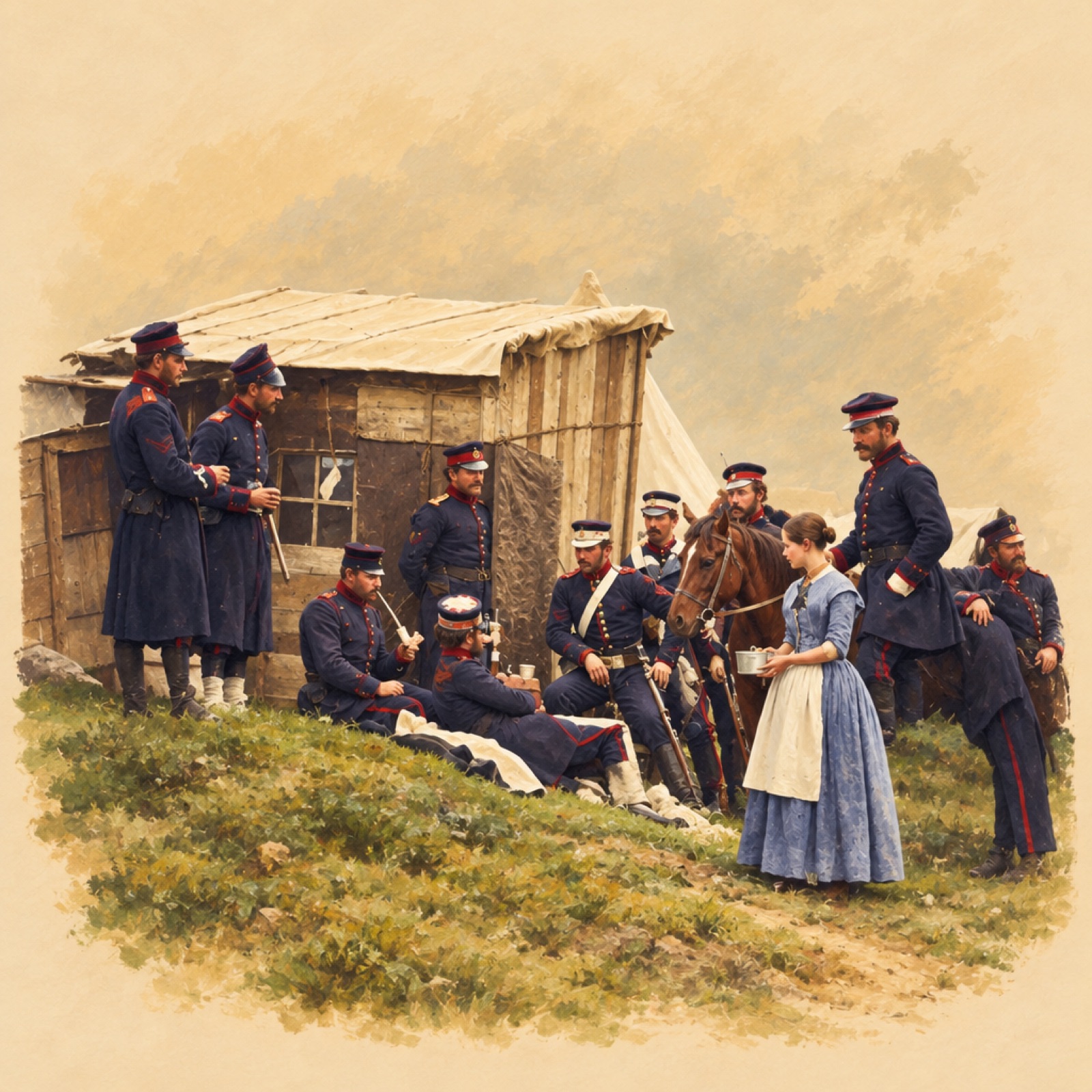 Fenton's 1855 photograph of French and British soldiers and a vivandière at a Crimean camp. (illustration)