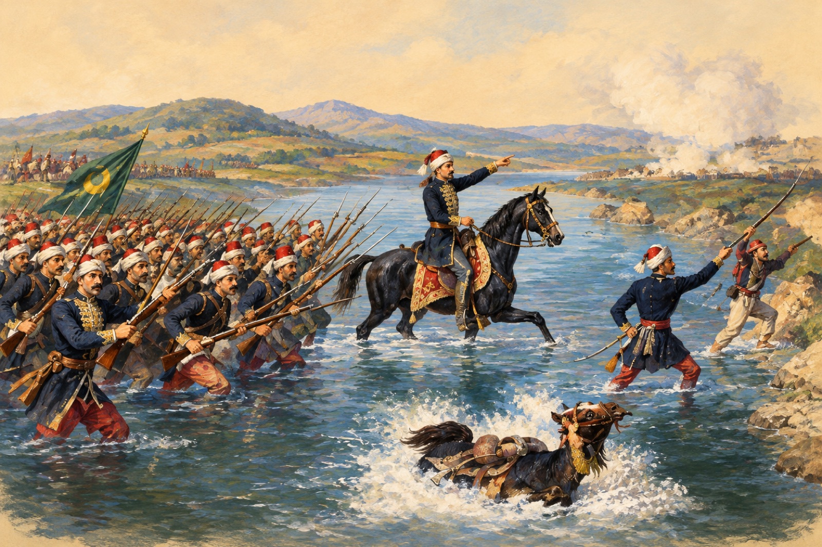 Nineteenth-century print of Omar Pasha and Ottoman troops at the Ingur River in 1855. (illustration)