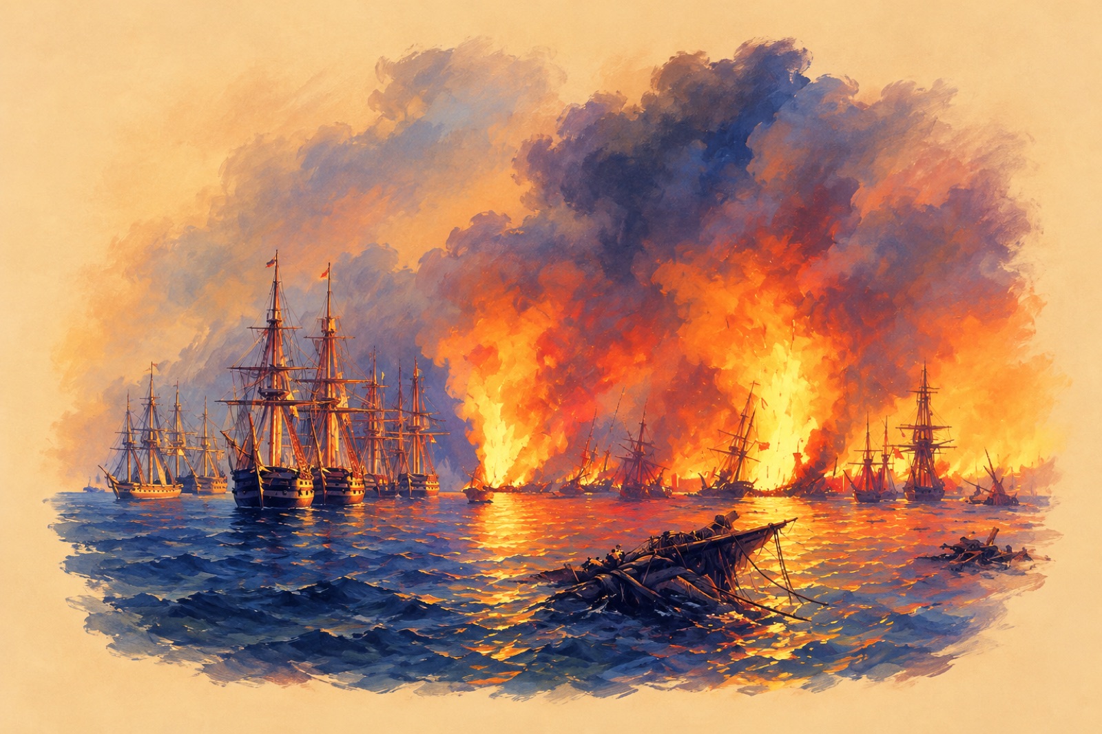Aivazovsky's painting of the burning Ottoman fleet and Russian ships after the Battle of Sinop. (illustration)