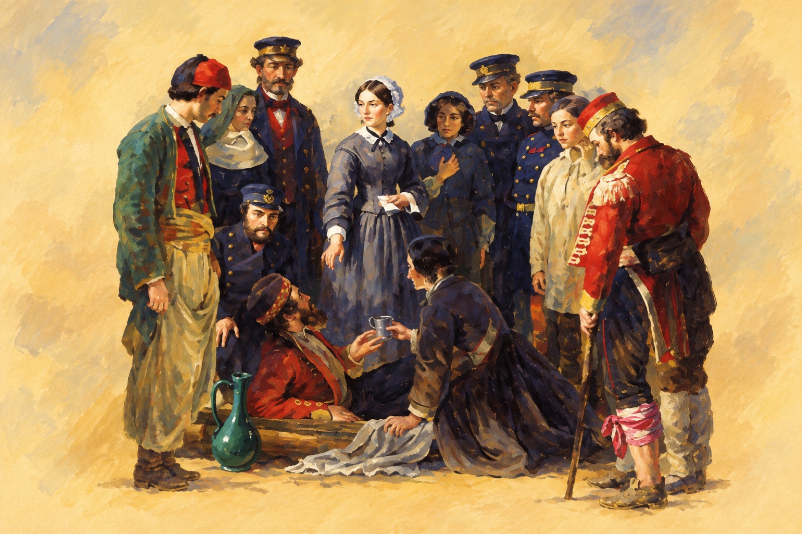 Painting by Jerry Barrett of Florence Nightingale receiving wounded soldiers at Scutari. (illustration)
