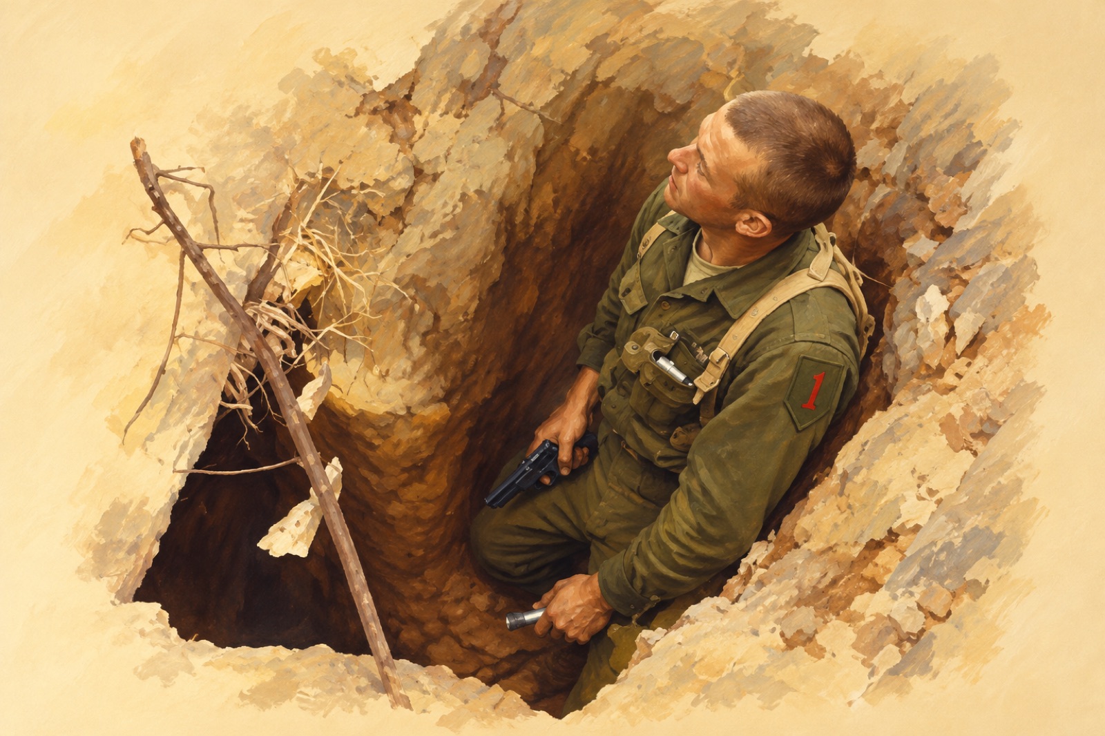 A US soldier lowering himself into a Viet Cong tunnel entrance during Operation Crimp, January 1966 (illustration)