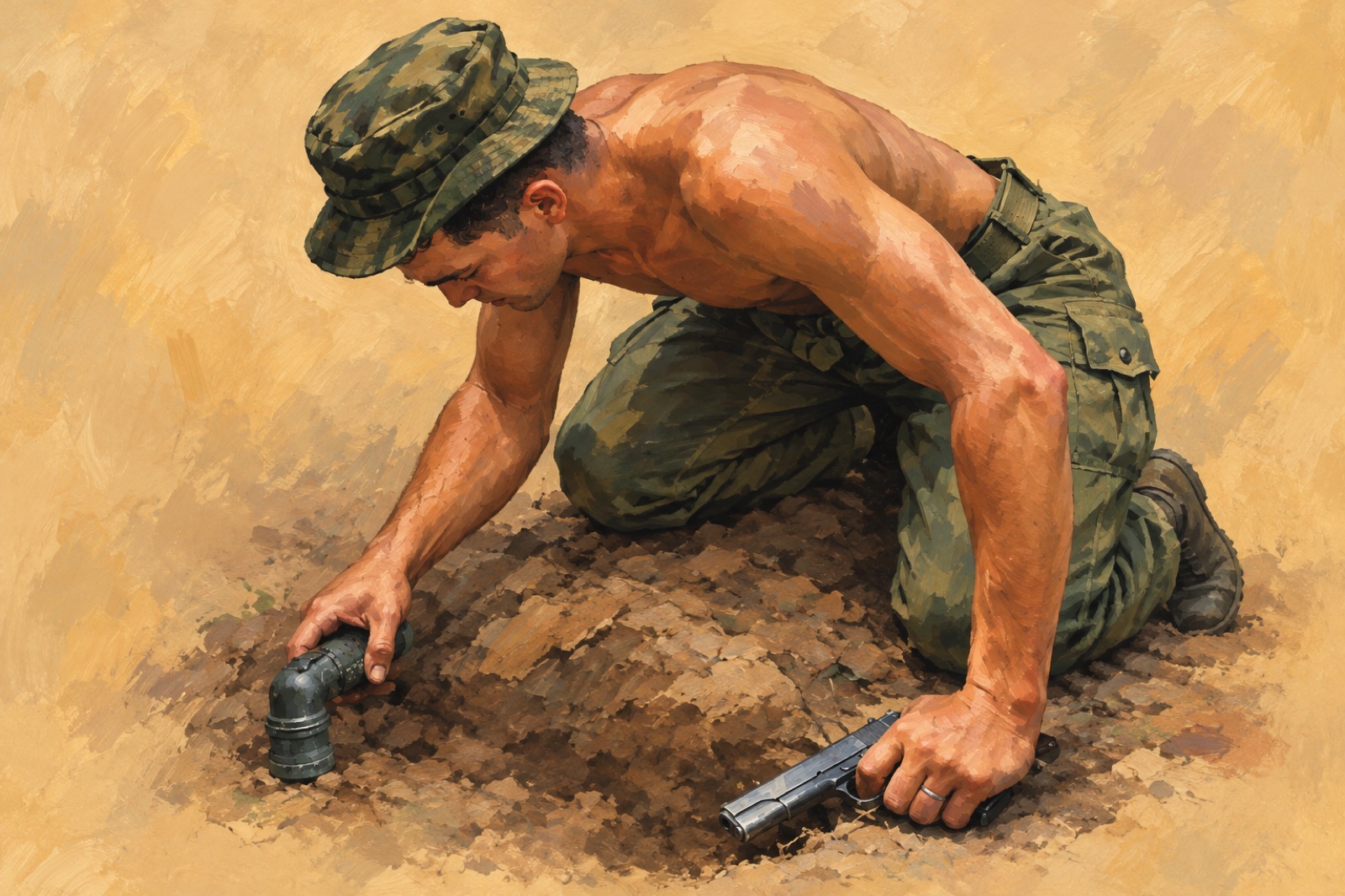 A US sergeant crawling through a tunnel during Operation Cedar Falls, January 1967 (illustration)