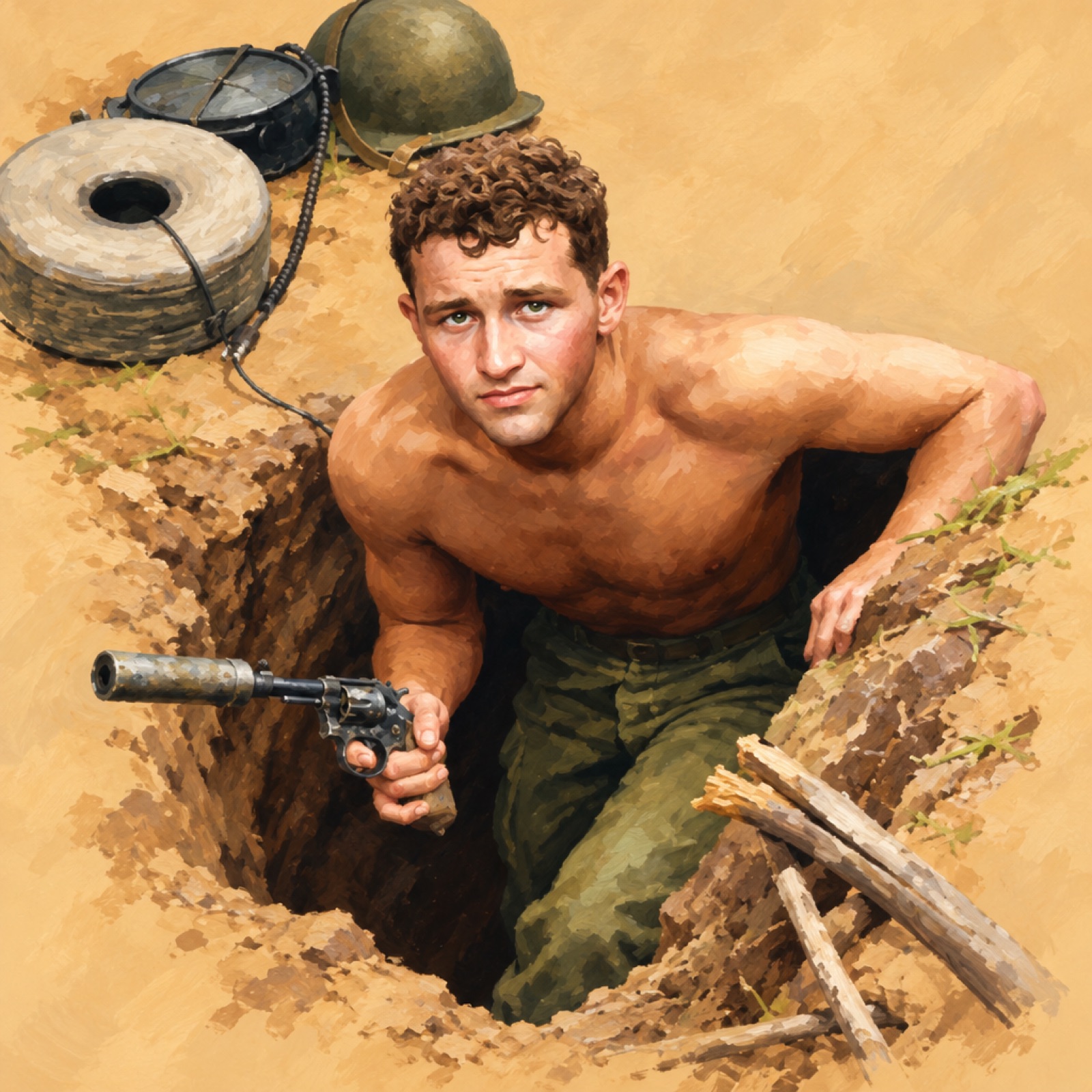 A US tunnel rat at a tunnel entrance holding a suppressed revolver (illustration)