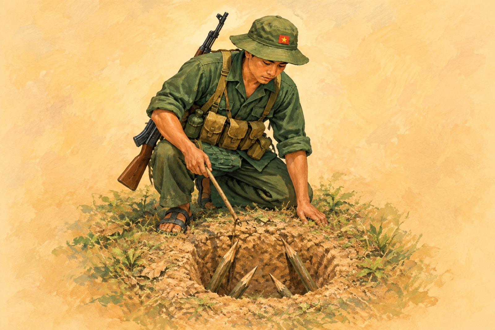 A Viet Cong foot punji trap, four sharpened spikes set in a pit (illustration)