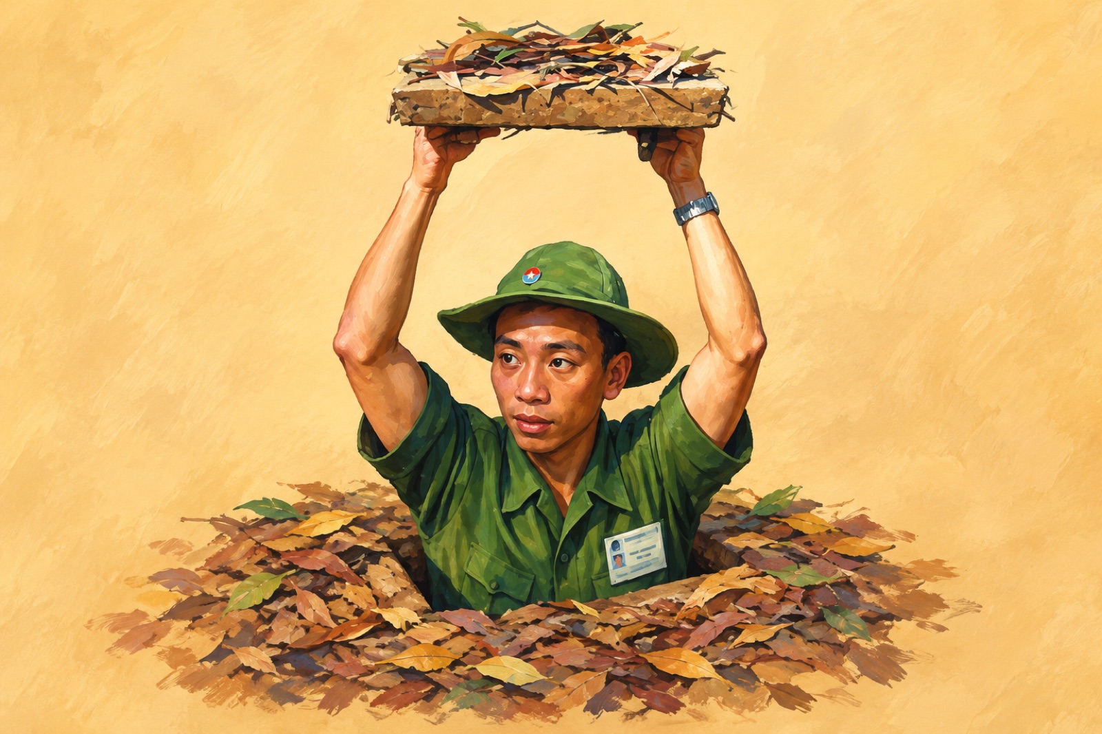 A man demonstrating entry into a small Cu Chi tunnel hatch (illustration)