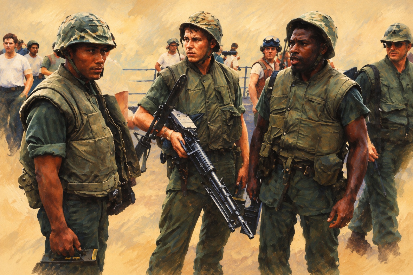 U.S. Marines aboard USS Blue Ridge await a CH-46 helicopter on 28 April 1975. (illustration)