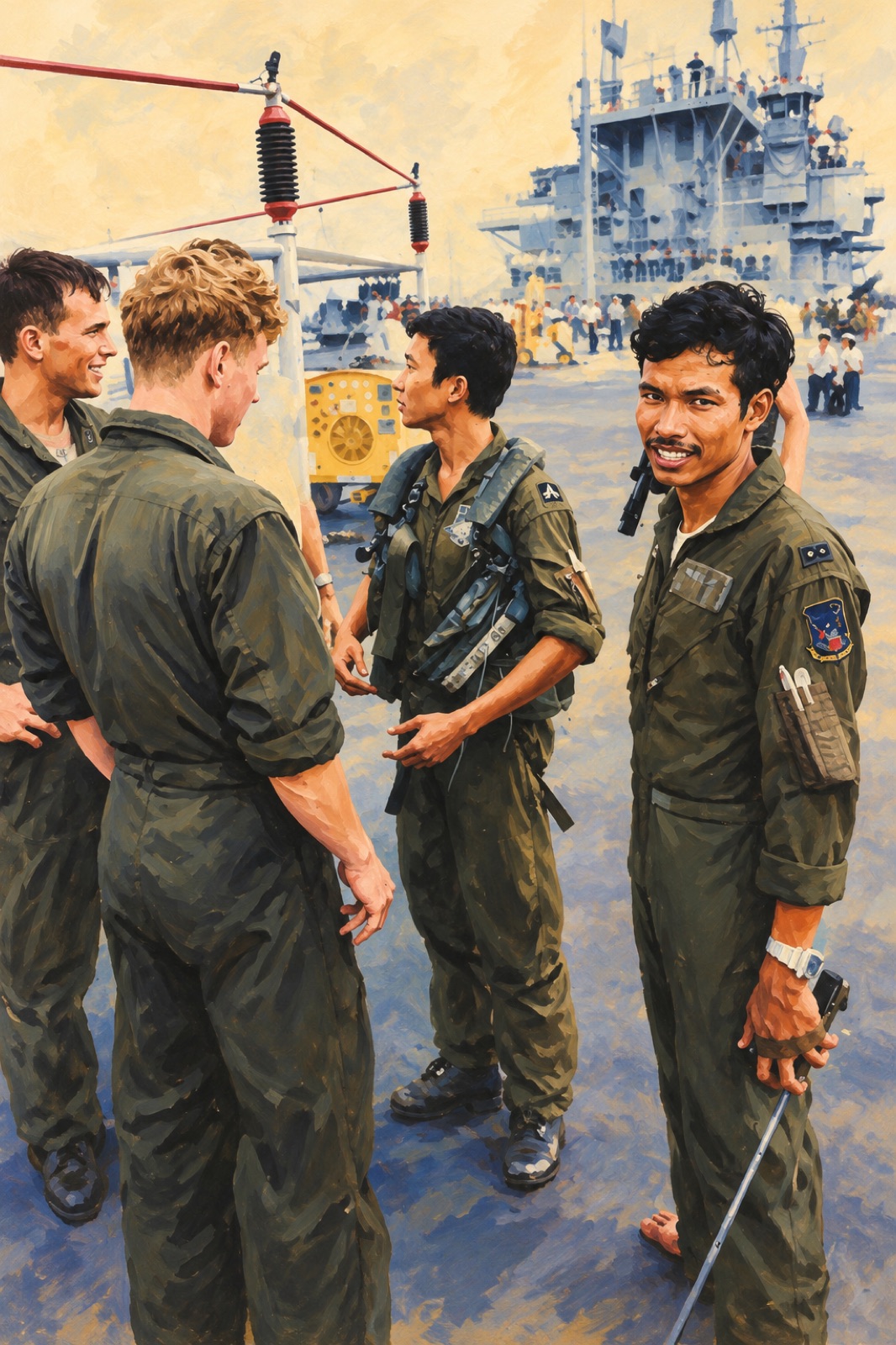 Republic of Vietnam Air Force helicopter pilots aboard USS Blue Ridge in April 1975. (illustration)