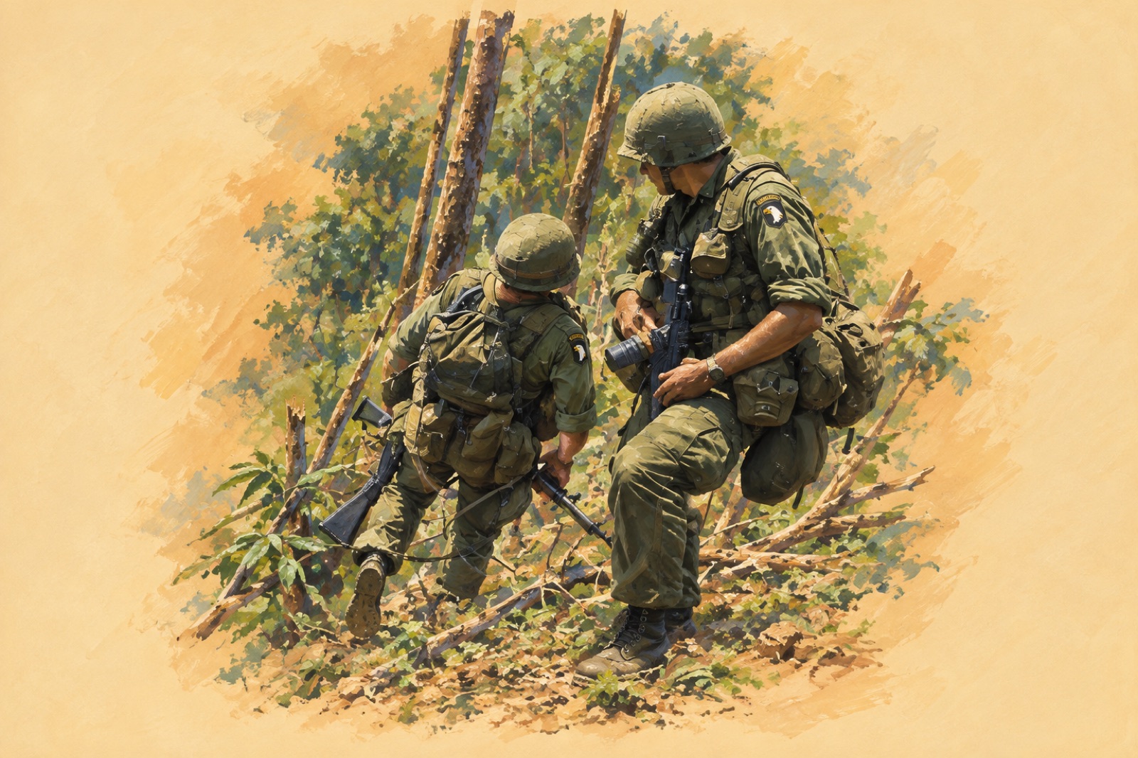 Soldiers of the 101st Airborne Division climbing the devastated slope of Hamburger Hill in May 1969. (illustration)
