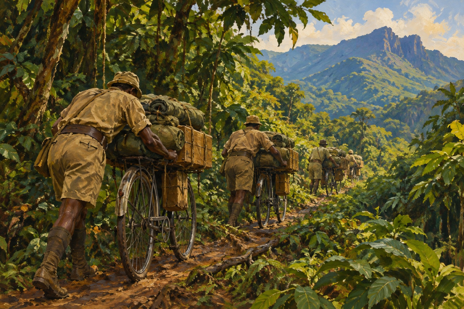 Illustration of porters pushing loaded bicycles along a jungle trail