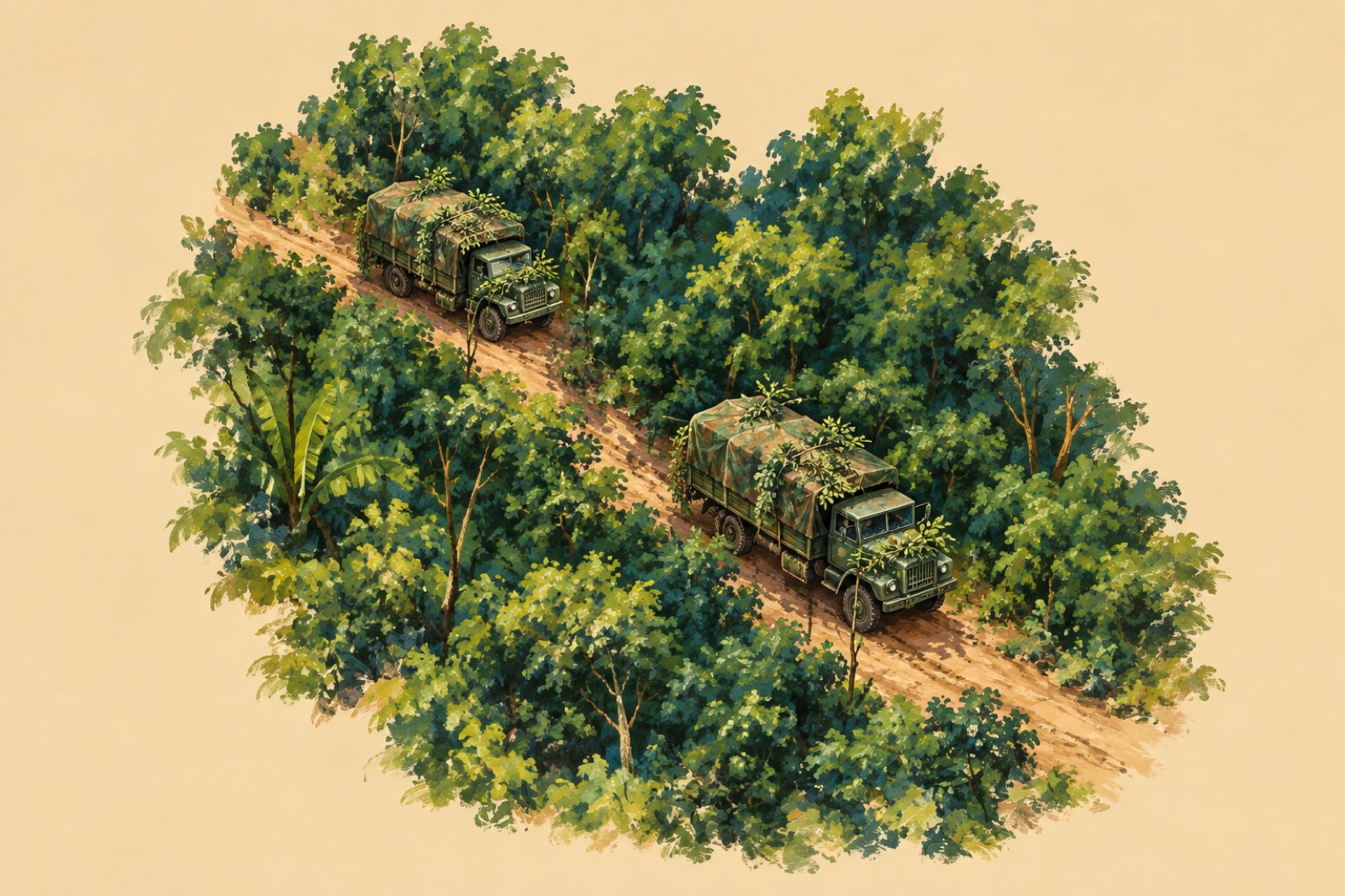 Aerial photograph of camouflaged trucks on the Ho Chi Minh Trail in Laos, with a road winding around bomb craters (illustration)