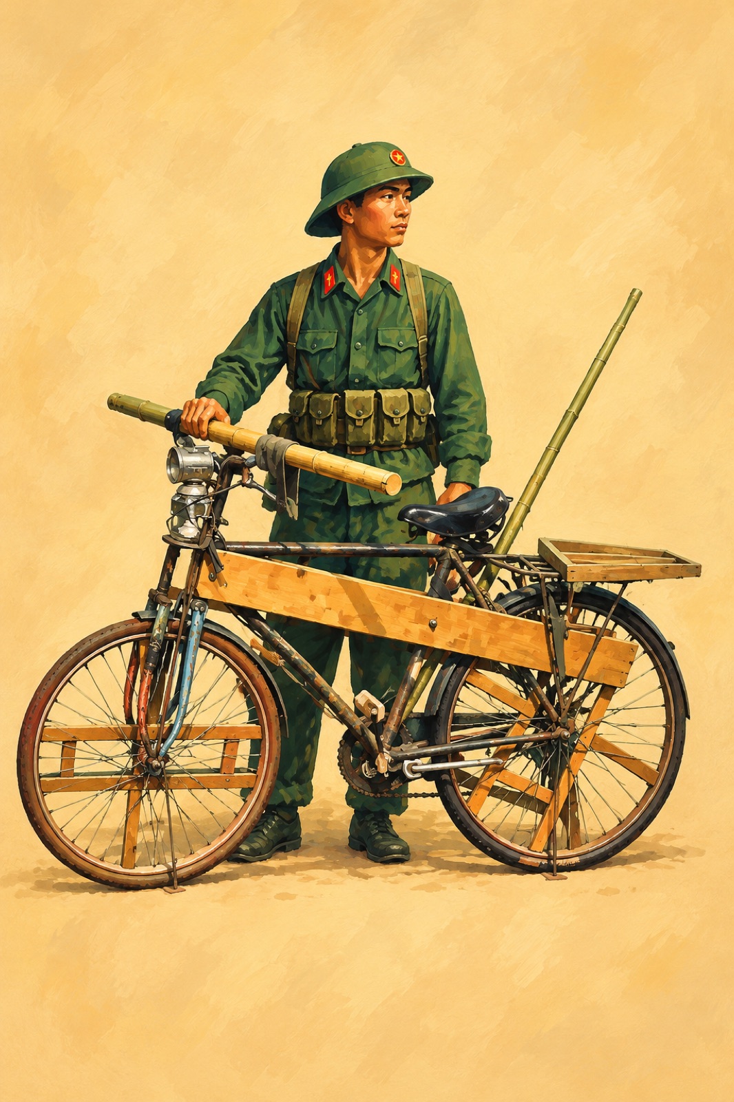 Bicycle used to transport supplies on the Ho Chi Minh Trail, on display in a museum (illustration)