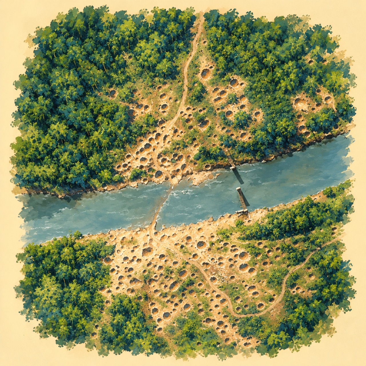 Aerial view of heavily cratered ground along the Ho Chi Minh Trail (illustration)