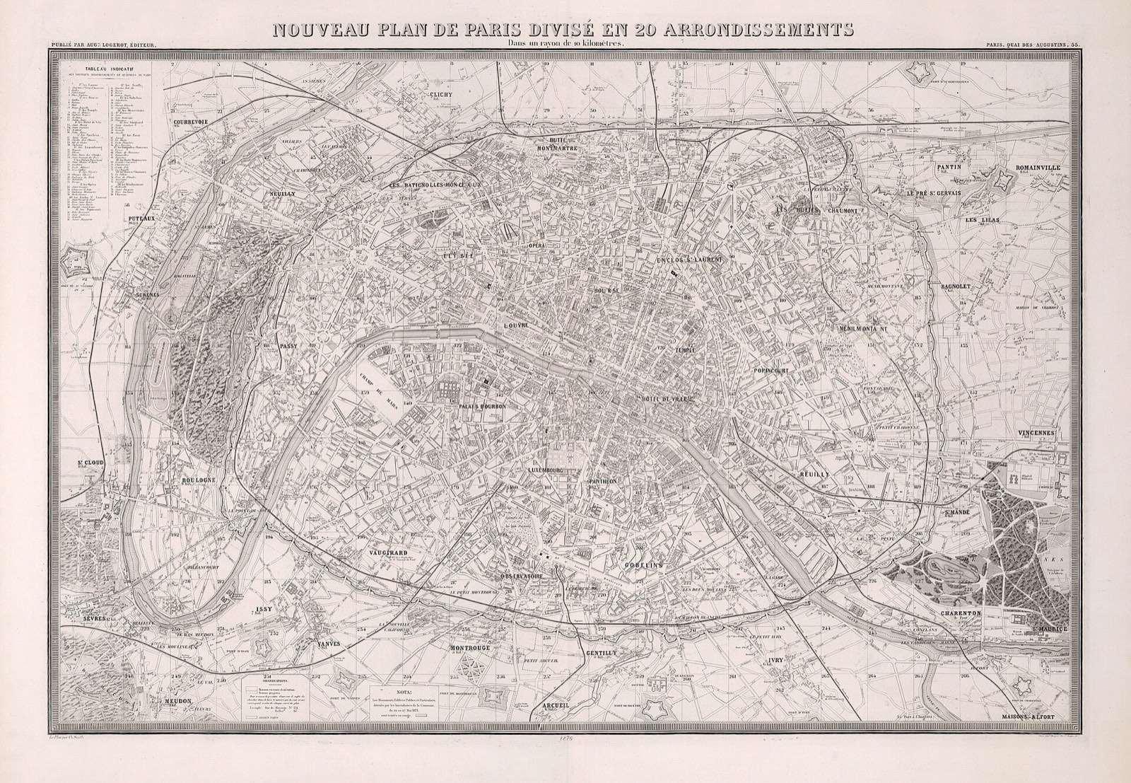 Detailed 1876 street plan of Paris divided into its twenty arrondissements