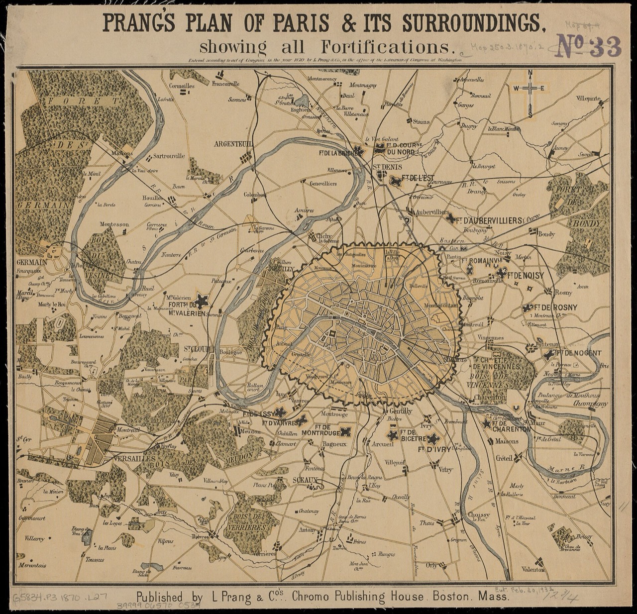 Plan of Paris and its surroundings in 1870 showing the city's fortifications