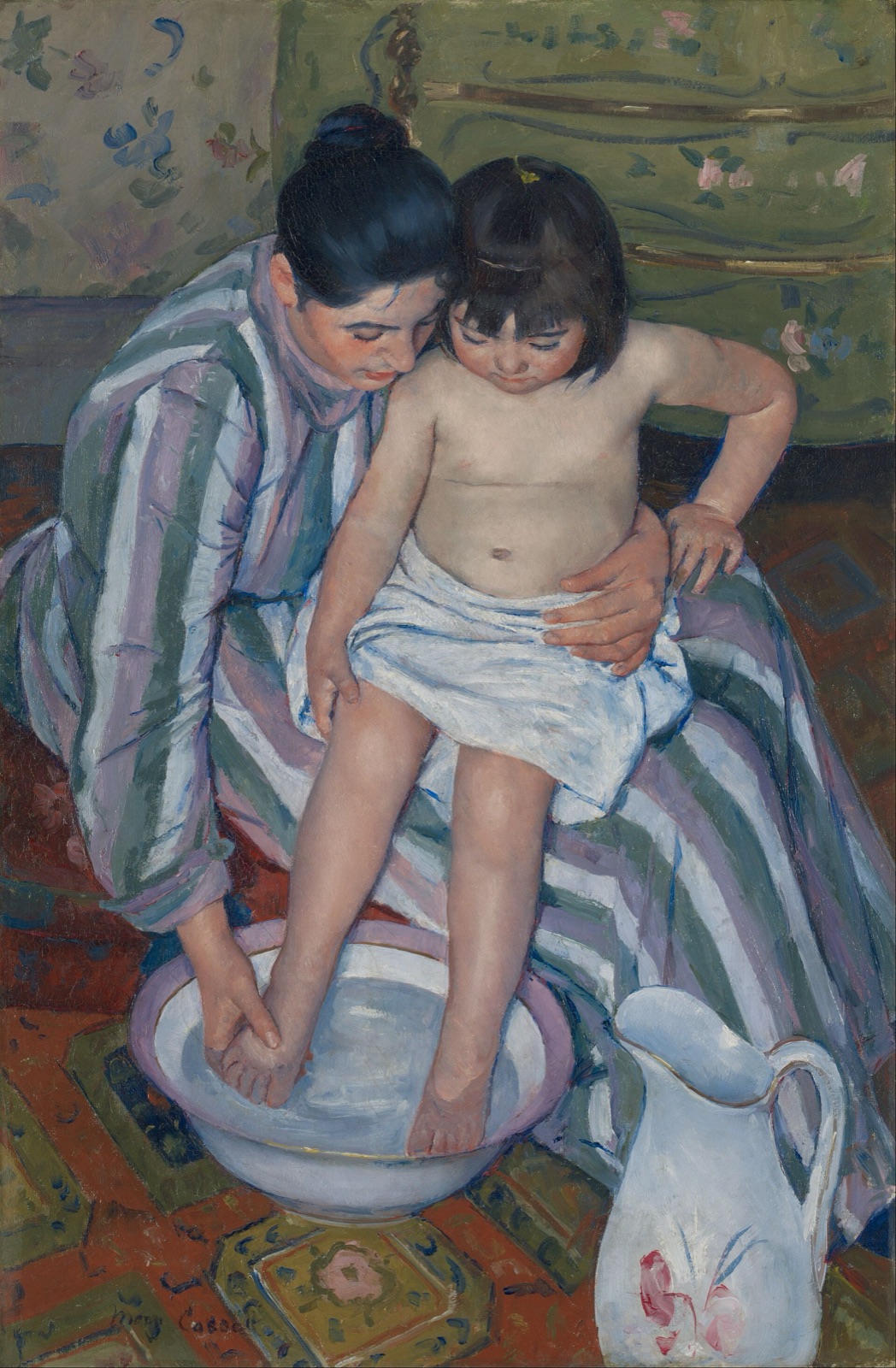 Painting of a mother holding a small child over a basin of water, seen from above