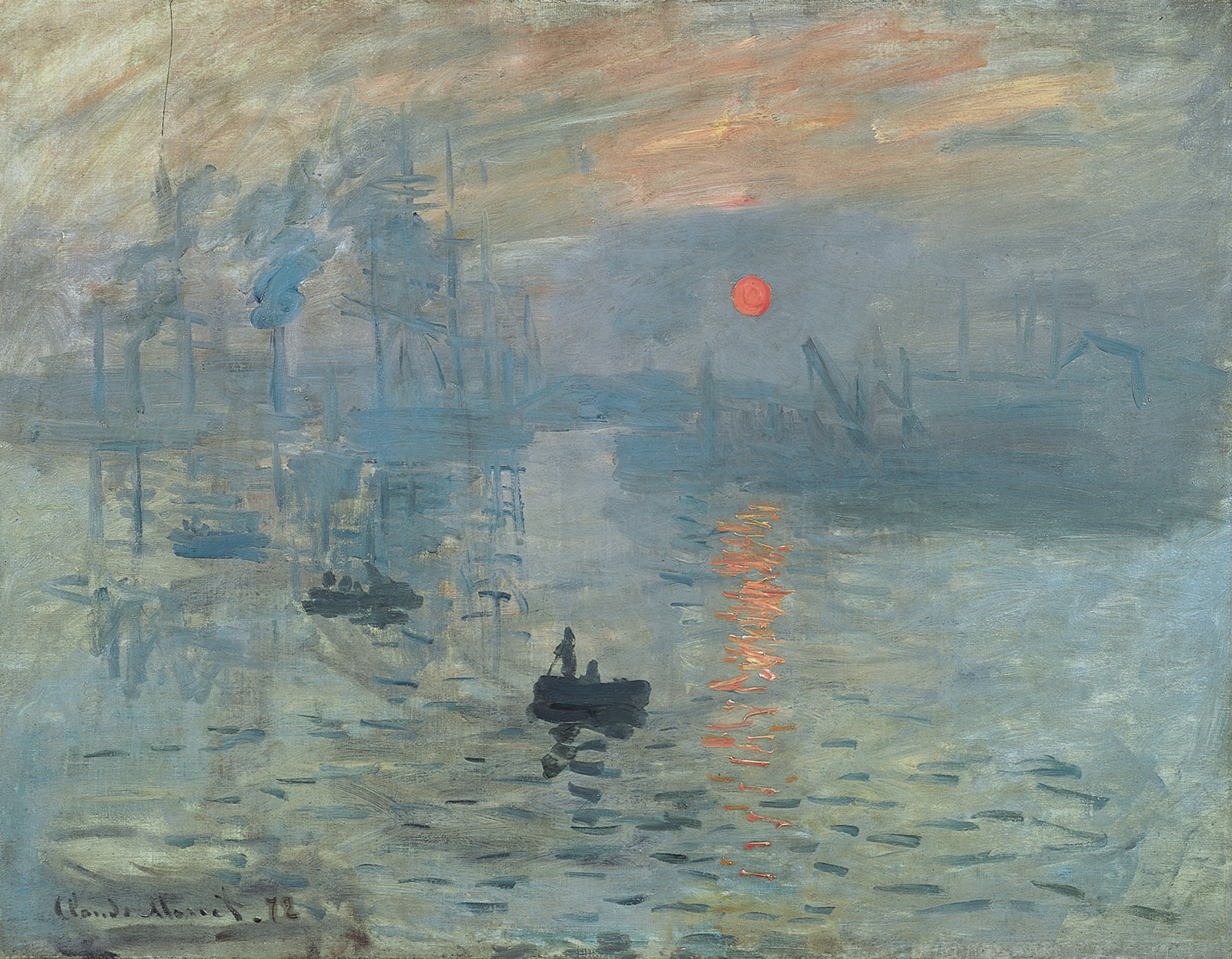 Oil painting of a misty harbour at dawn with small boats and a low orange sun