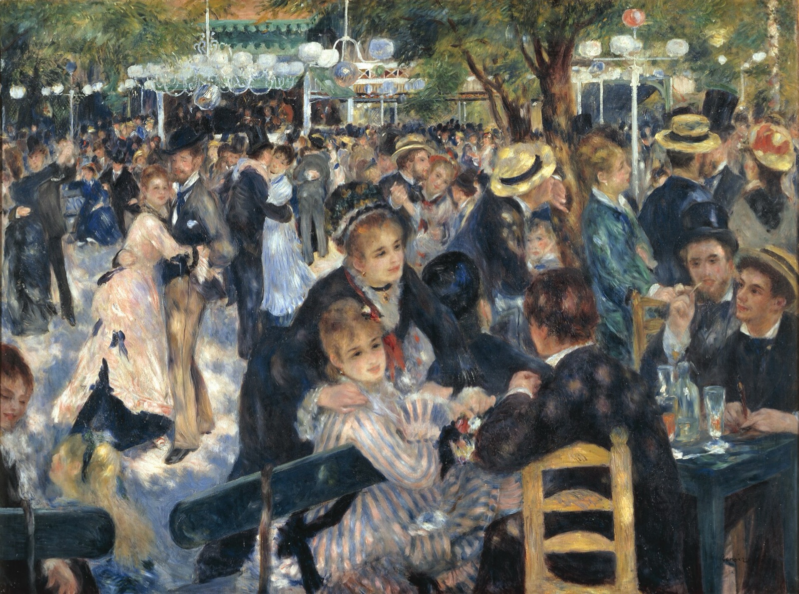 Painting of crowds dancing and talking under trees at an open-air dance hall in Montmartre