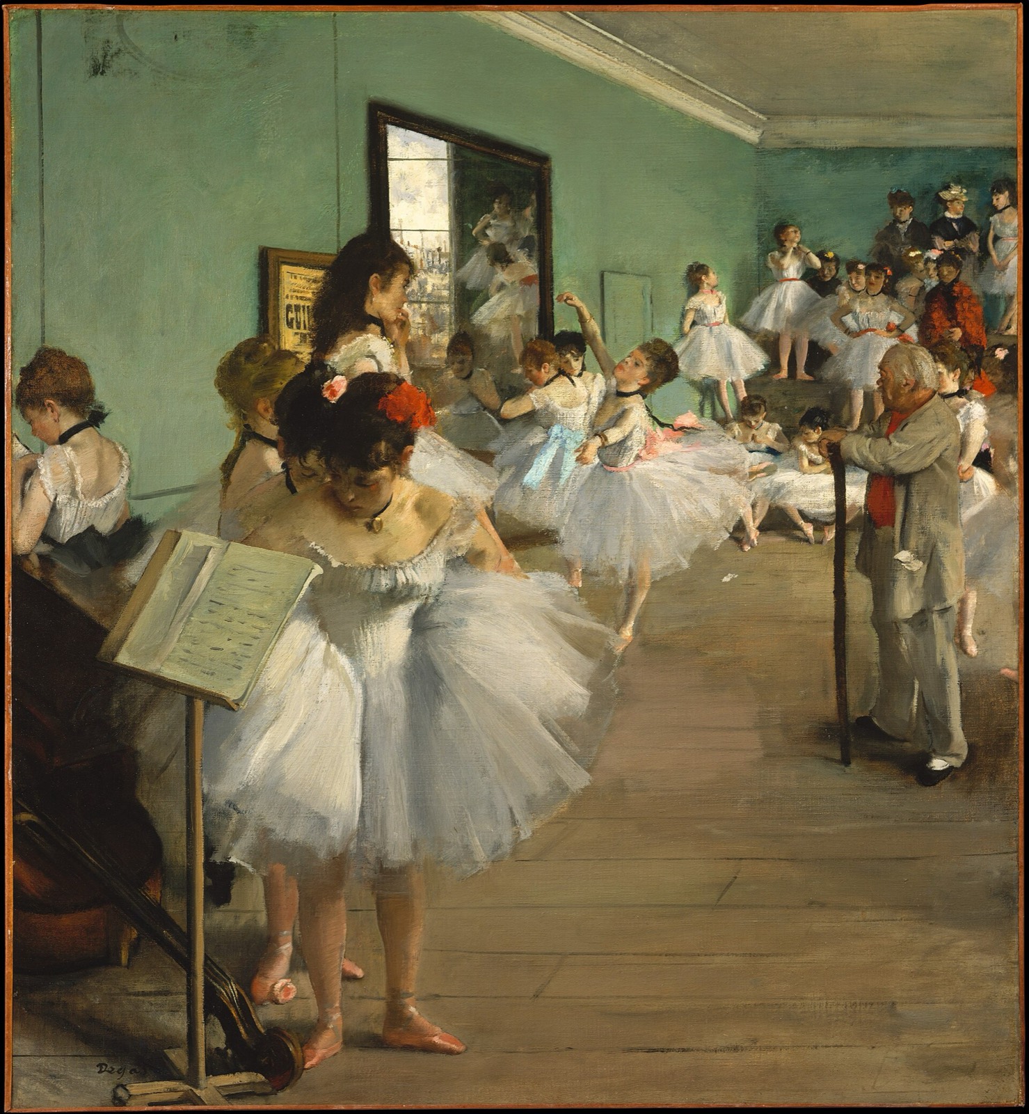 Painting of ballet dancers and their master in a rehearsal room with a mirror and a poster on the wall