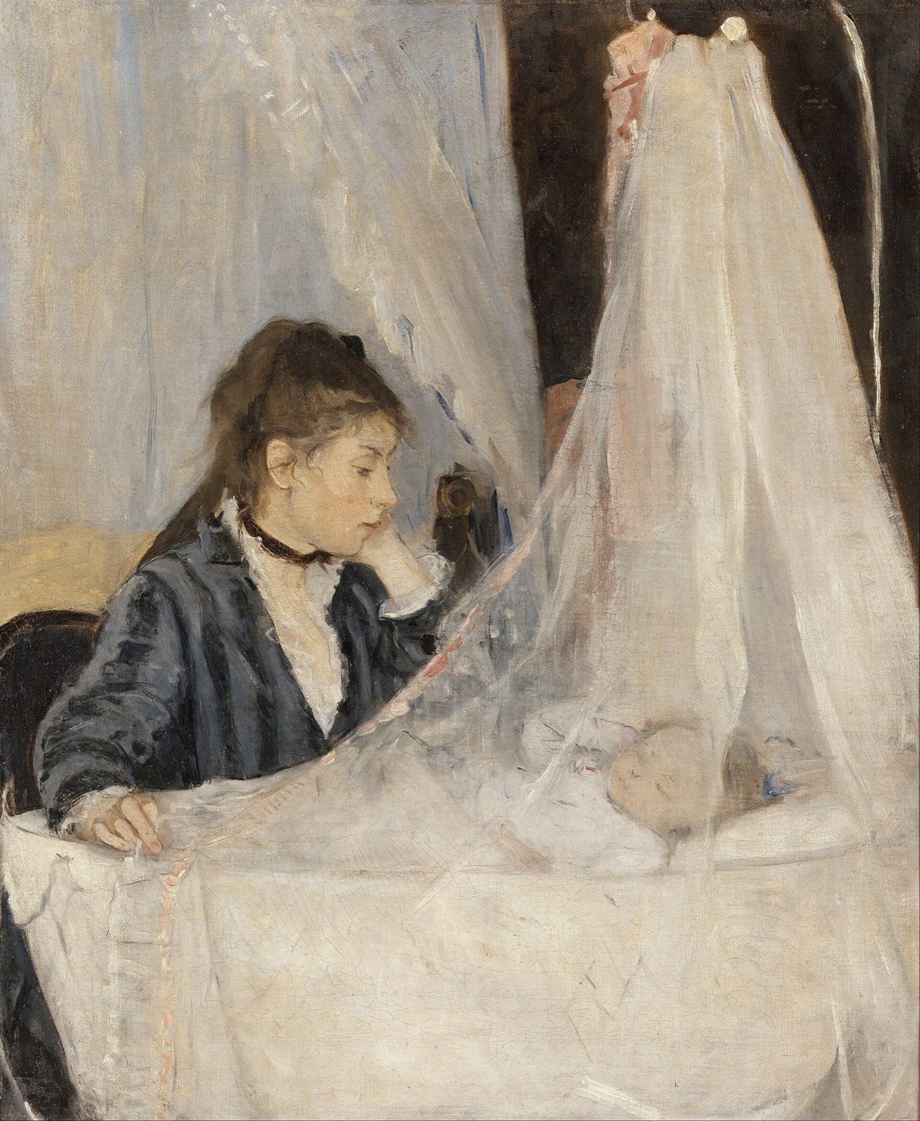 Painting of a woman gazing at a baby asleep in a cradle draped with sheer white netting