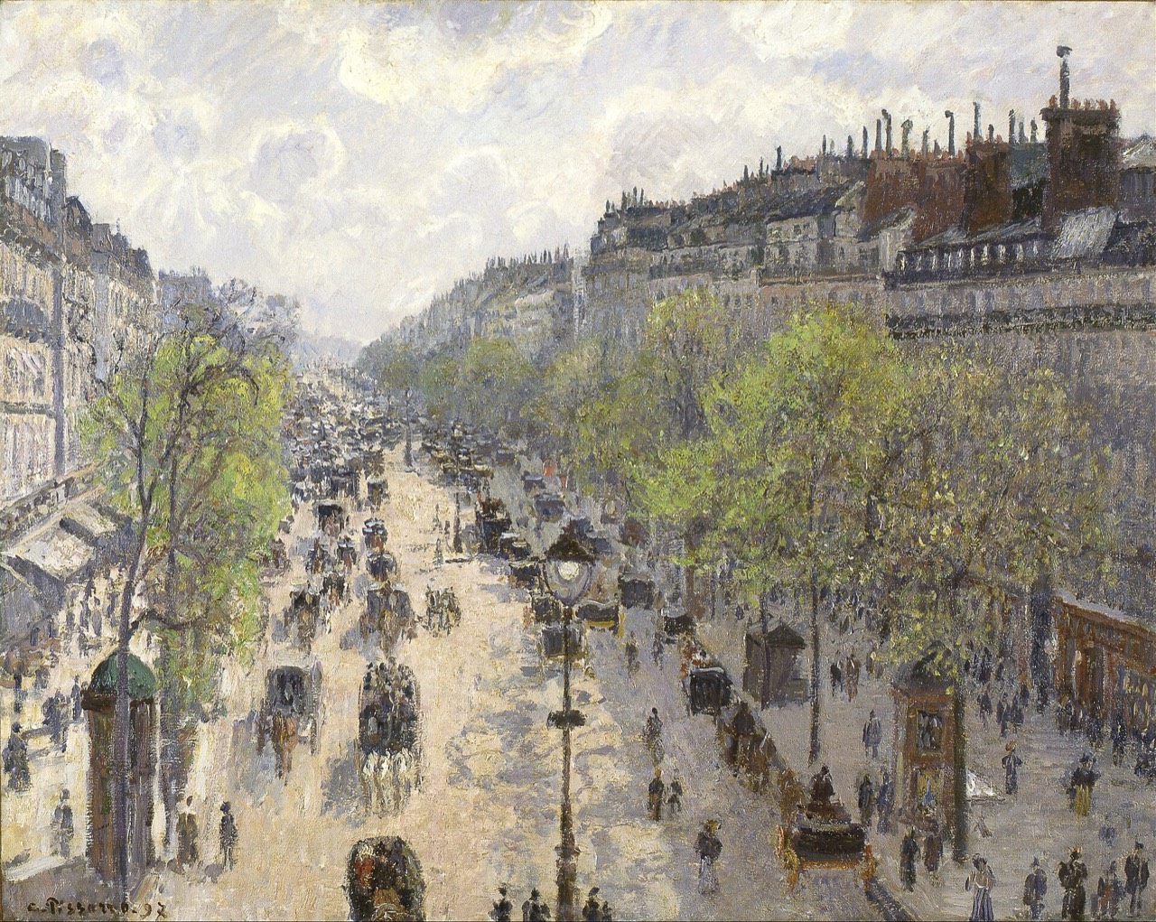 Painting of a busy Paris boulevard seen from above in spring light, with trees and carriages