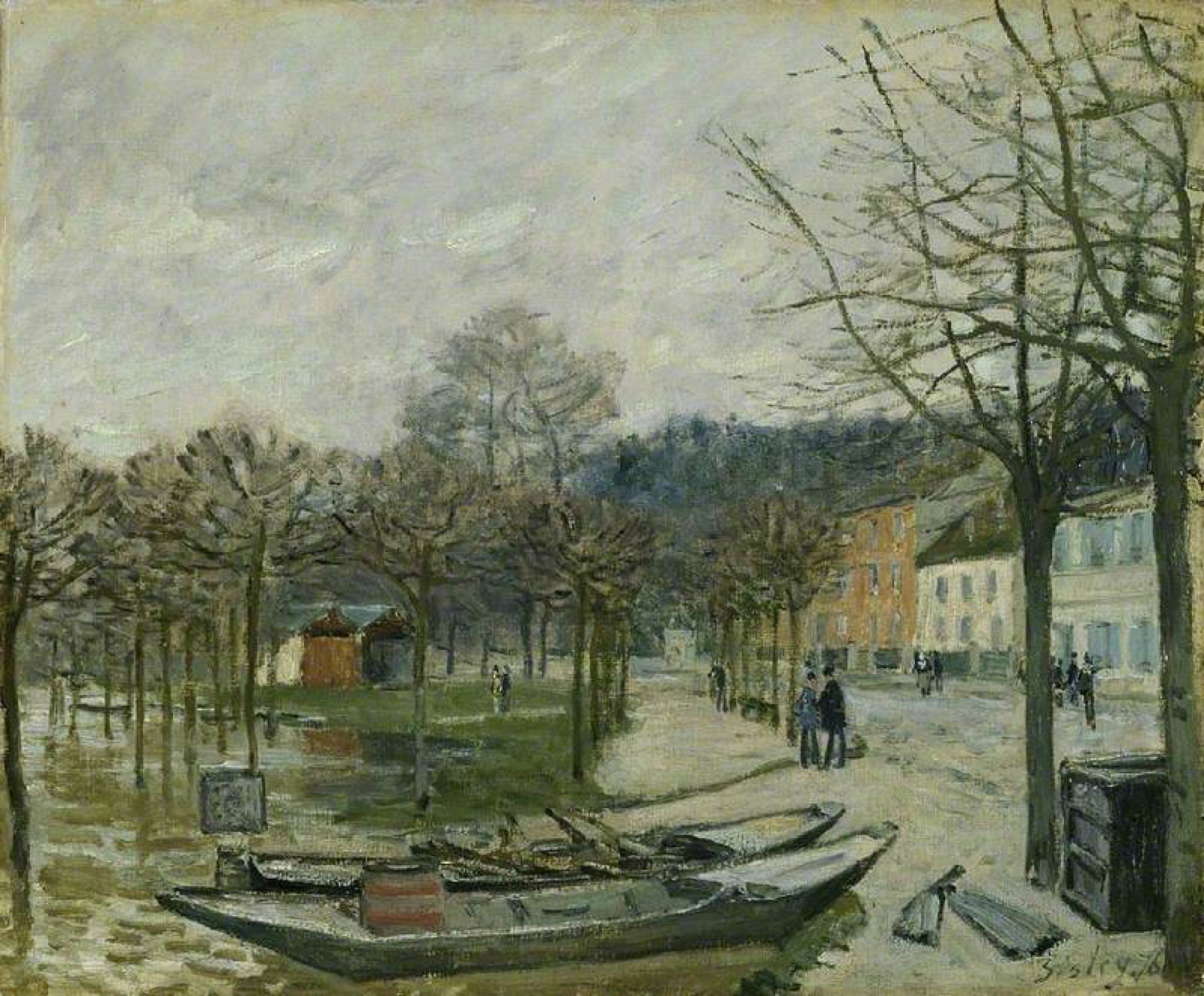 Painting of a flooded street in Port-Marly with a tavern standing in the water under a grey sky