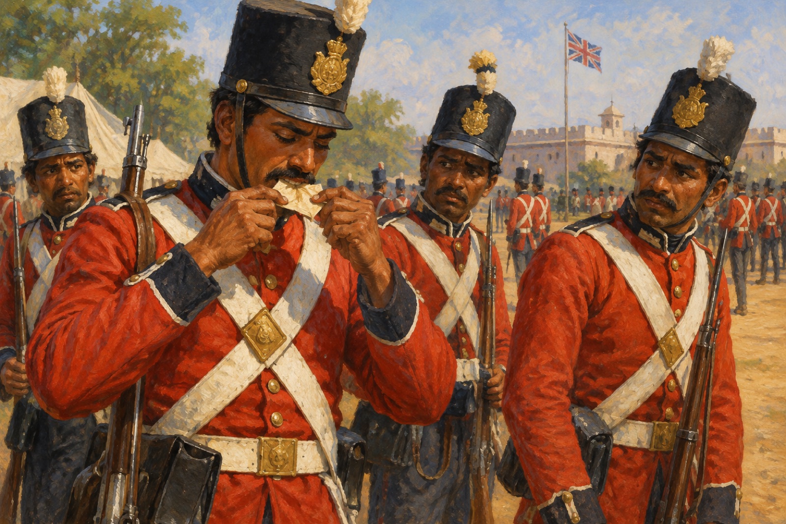 Illustration of sepoys uneasily handling paper cartridges on a parade ground.
