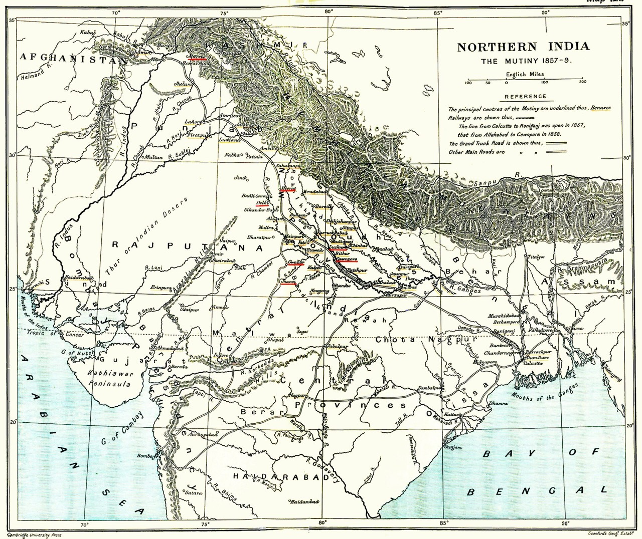 Map of North India from the Cambridge Modern History Atlas (1912) showing the places of the Mutiny of 1857–59.